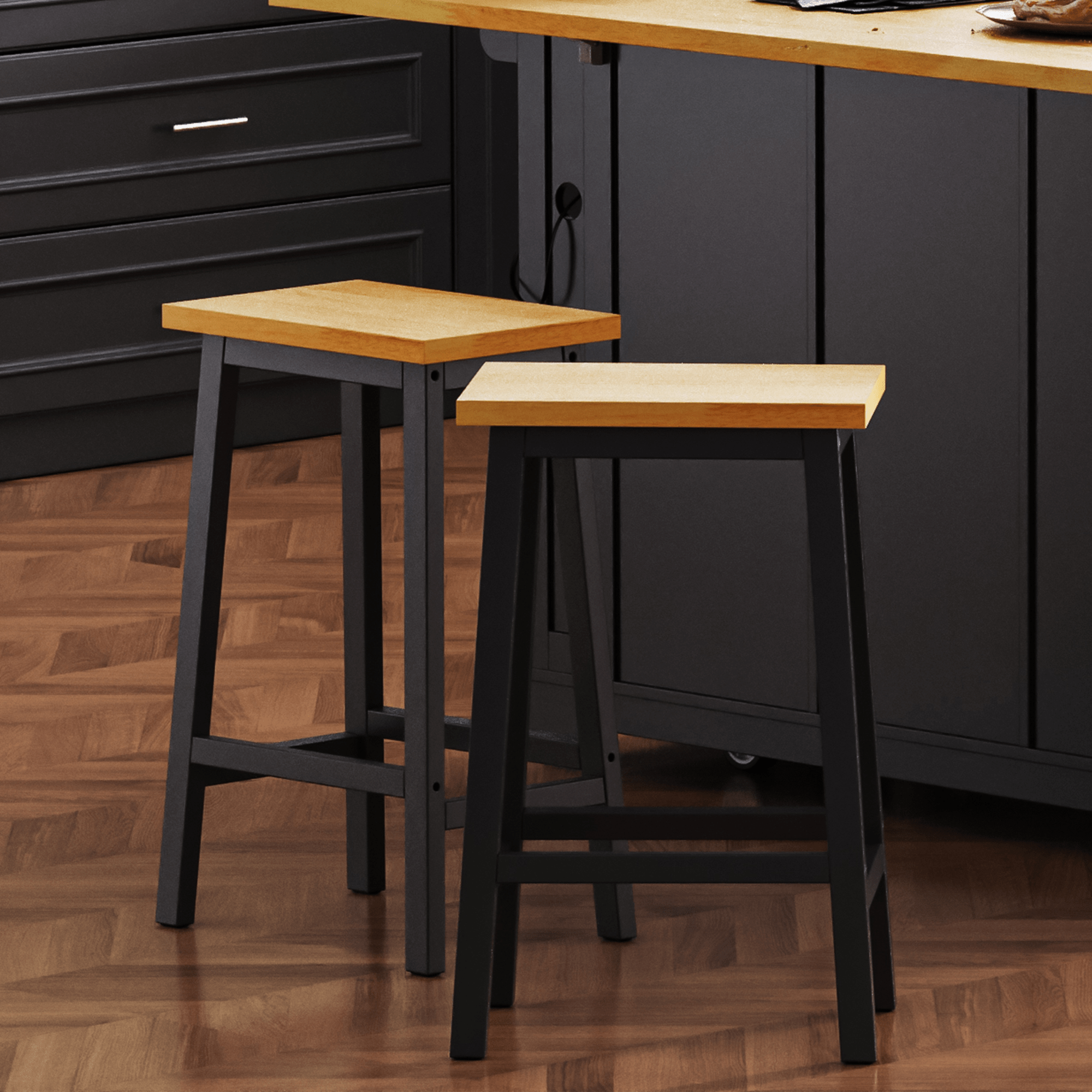 koorbiir k1 K&K 53" Large Kitchen Island with Storage, 2 Bar Stools, Power Outlet, Drop Leaf, 5 Open Side Racks & 3 Drawers ¨C Mobile Kitchen Storage Cart with Wheels for Kitchen & Dining Room, Black - Koorbiir