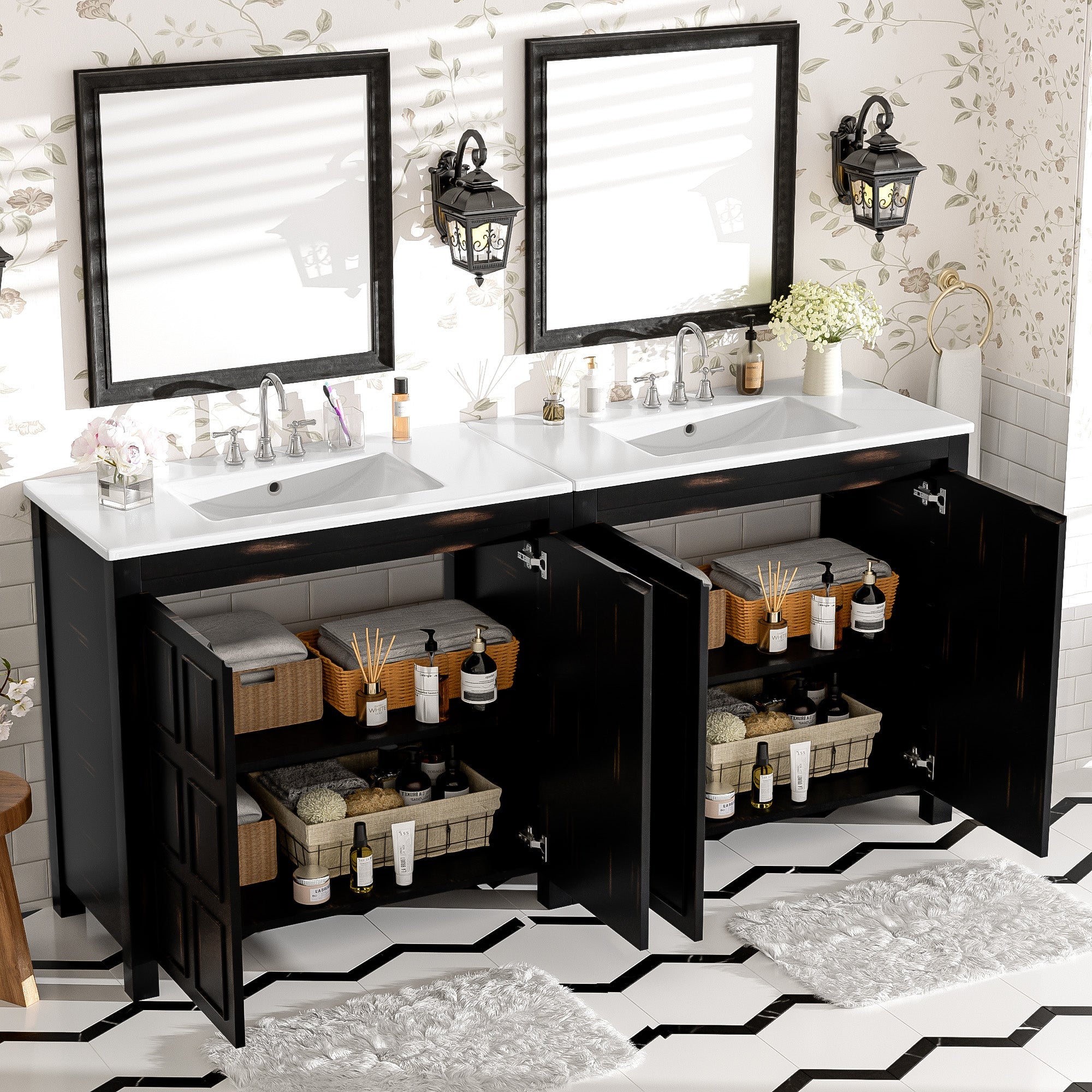 koorbiir ba3 72 Double Vanity Bathroom Storage Cabinet with Ceramic Sinks ¨C Soft - Close Doors & Adjustable Shelves for Stylish Bathroom Organization - Koorbiir