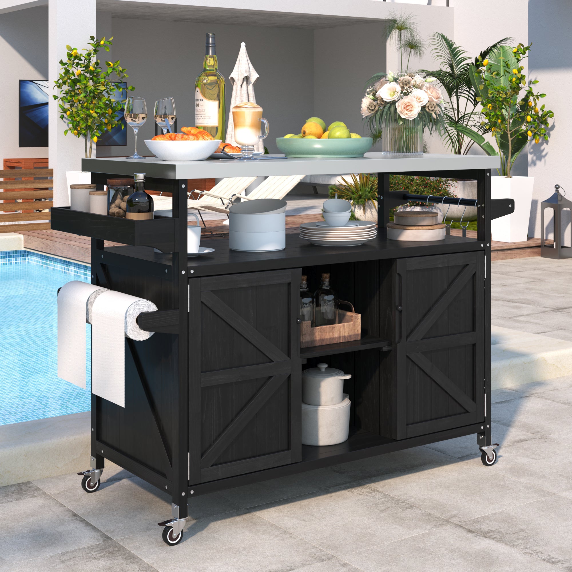 koorbiir k4 K&K Outdoor Kitchen Island & Rolling Bar Cart ¨C Solid Wood Grill Table with Stainless Steel Top, Spice & Towel Rack, Lockable Wheels for Patio, BBQ & Kitchen Storage, Grey Blue