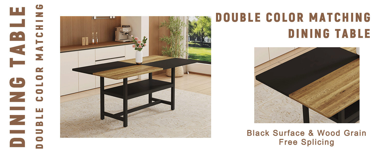 koorbiir ta3 71" x 35.4" Wooden & Black Spliced Dining Table with Middle Storage ¨C 6 Light Gray Linen Fabric Chairs, Sturdy Metal Frame, Table Linens Included