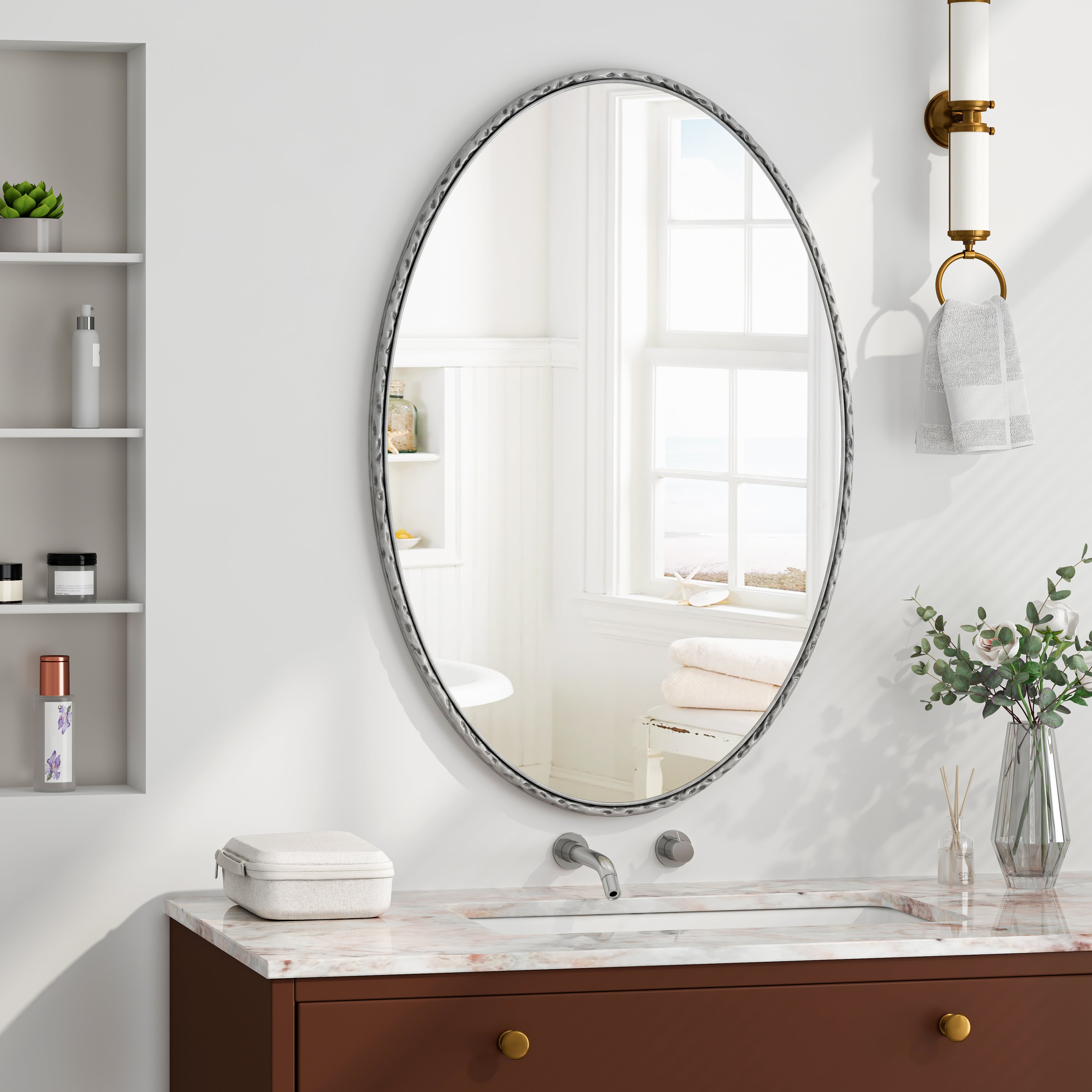 koorbiir w6 Iron Art Oval Retro Wall Mirror, Antique Silver Finish, Decorative Wall Hanging for Bathroom, Bedroom, Living Room