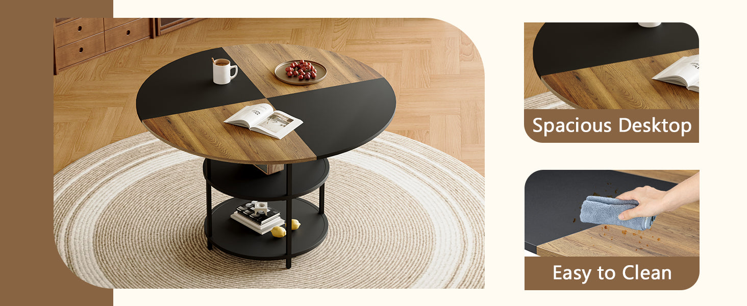 47.3" Modern Splicing Circular Dining Table with Double-Layer Storage ¨C 4 Black Linen-Cotton High-Resilience Chairs with Metal Legs, Table Linens Included