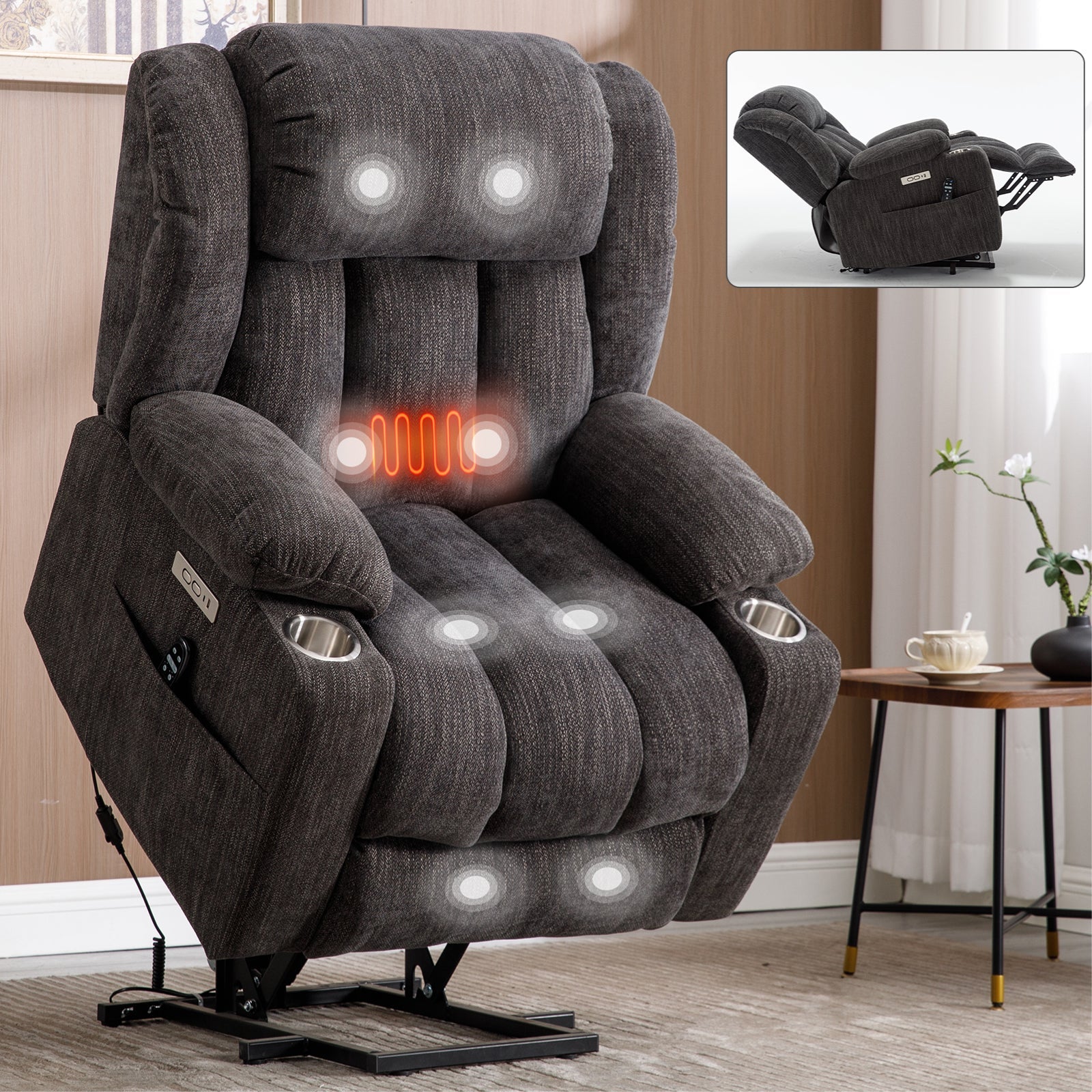 Up to 350 LBS Chenille Power Lift Massage Chair with 8 - Point Vibration, Lumbar Heating, USB & Type - C Ports, Stainless Steel Cup Holders ¨C Blue - Koorbiir