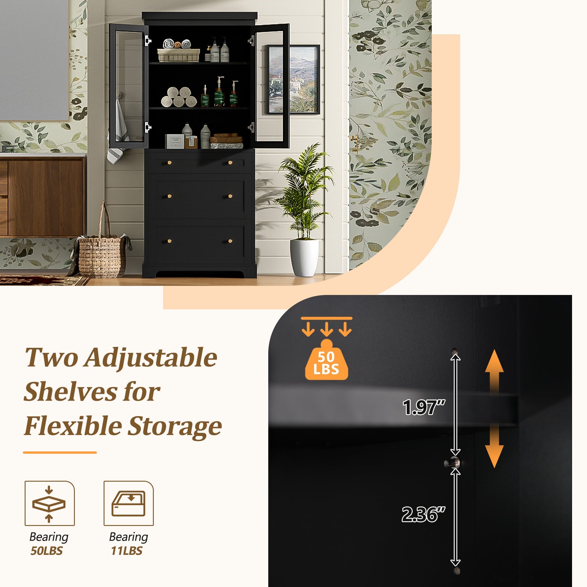koorbiir k9 70.1" Modern High Freestanding Tall Bathroom Cabinet with 2 Adjustable Shelves & 3 Drawers ¨C Soft - Close Glass Doors, Luxury Metal Handles, Versatile Bathroom, Kitchen, and Living Room Storage - Koorbiir