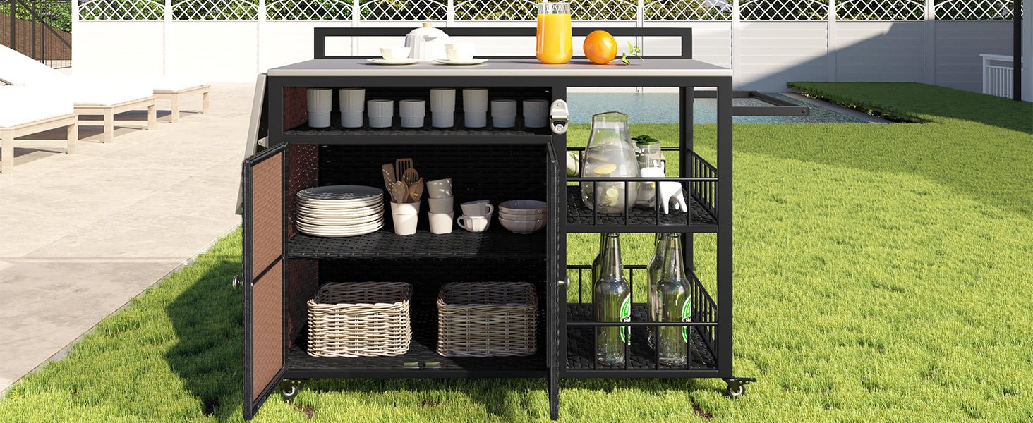 koorbiir k5 63.5" Outdoor Kitchen Island ¨C Rolling Kitchen Storage Island & Cooking Station with Foldable Side Tabletop, Ample Storage, Bottle Opener, Lockable Wheels for Patio & Backyard BBQ, Dark Brown - Koorbiir