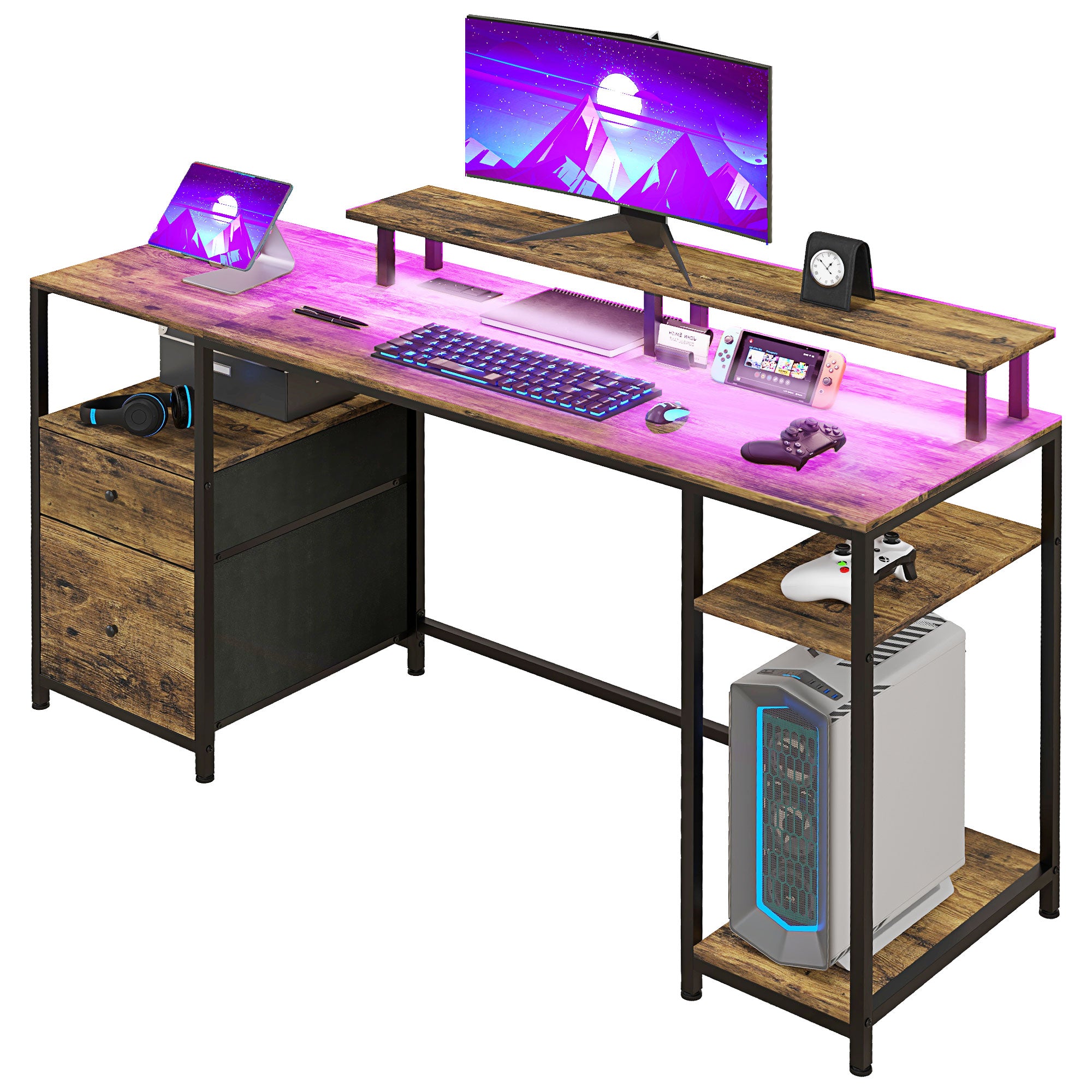 koorbiir d5 61" Standing Desk with LED Lights, Power Outlets, USB Ports, Storage Shelves, Monitor Stand & Drawers ¨C Rustic Brown