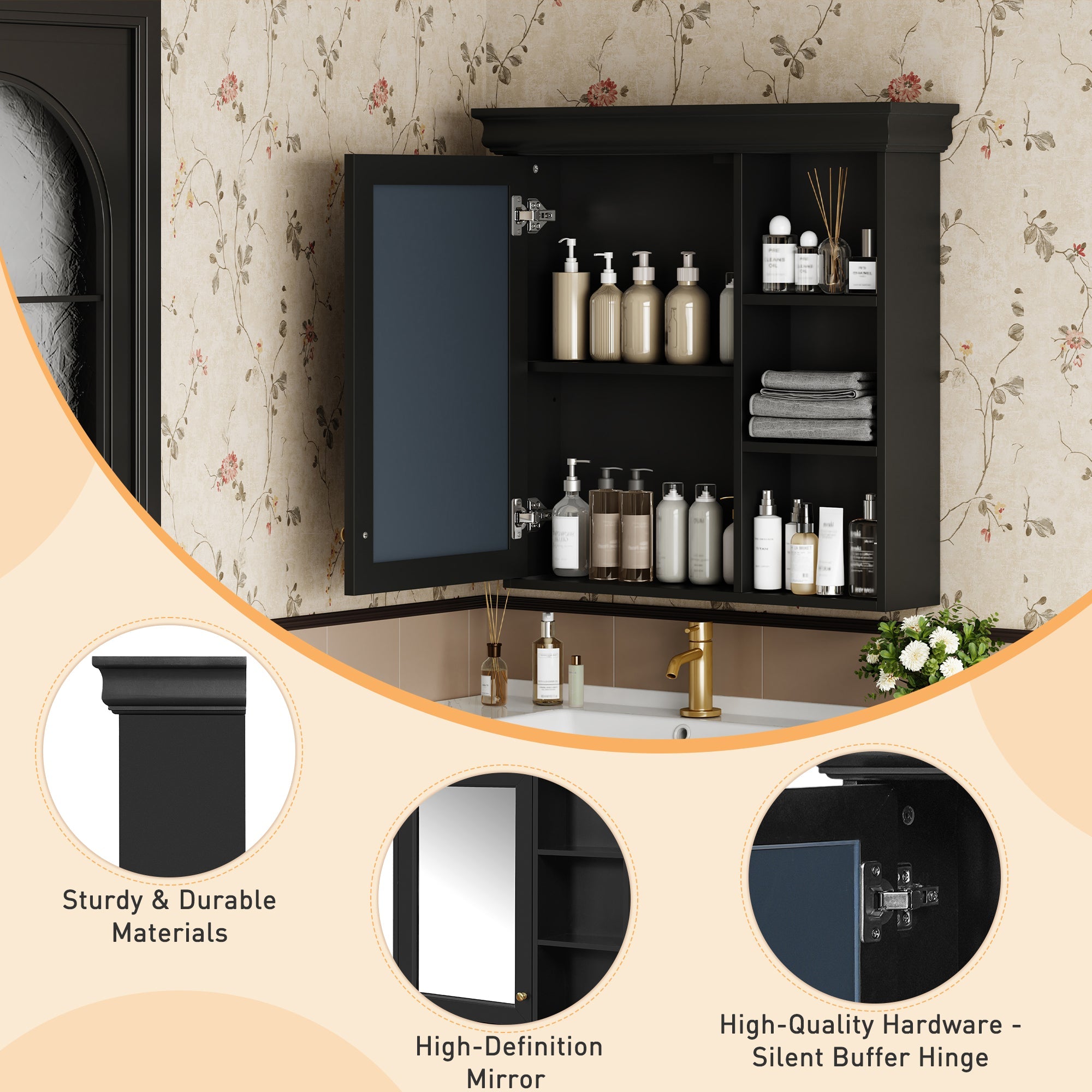 koorbiir ba6 30'' x 28'' Wall - Mounted Bathroom Medicine Cabinet with Mirror ¨C Over Toilet Storage Organizer for Bathroom Organization, Black MDF Cabinet - Koorbiir