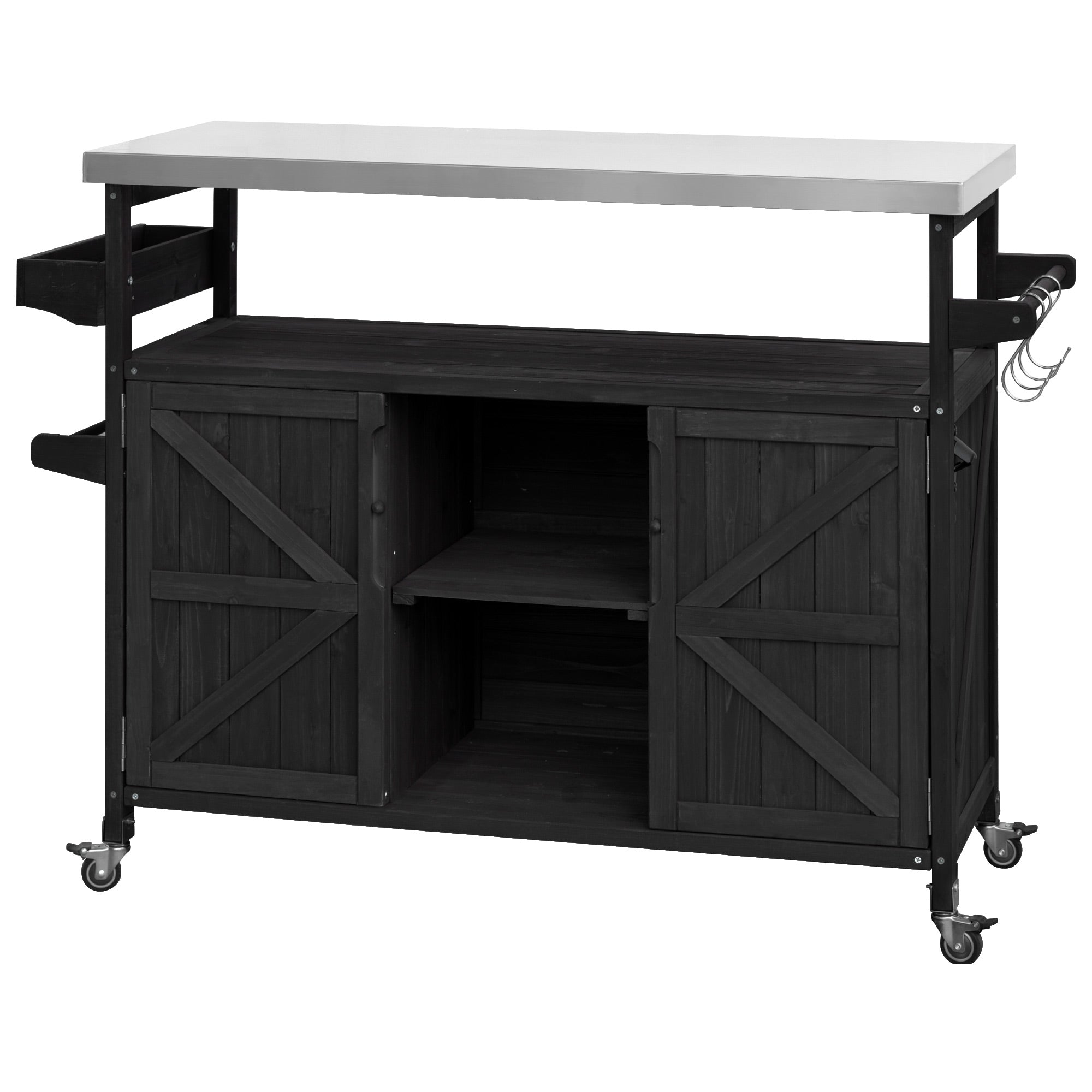 koorbiir k4 K&K Outdoor Kitchen Island & Rolling Bar Cart ¨C Solid Wood Grill Table with Stainless Steel Top, Spice & Towel Rack, Lockable Wheels for Patio, BBQ & Kitchen Storage, Grey Blue