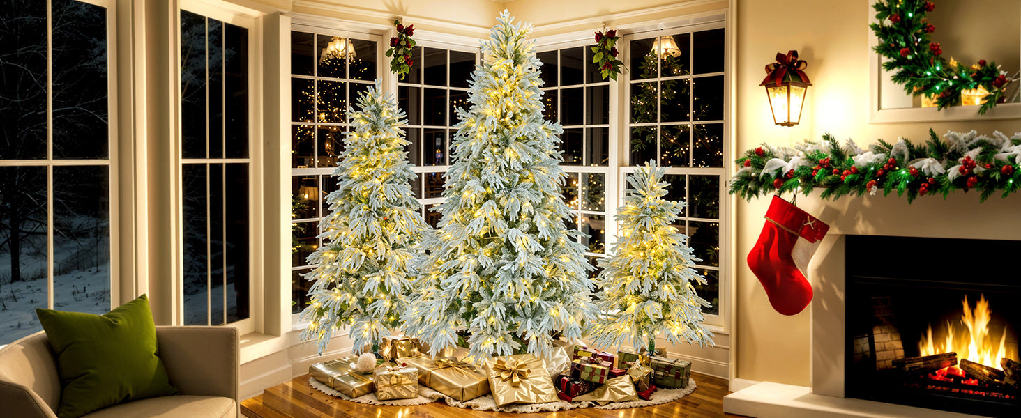 koorbiir ar1 6FT Pre-Lit Artificial Snow Flocked Christmas Tree, Hinged Xmas Tree with 300 Multi-Color LED Lights, 8 Flashing Modes & 790 Snow Branch Tips for Holiday Home & Office D¨¦cor