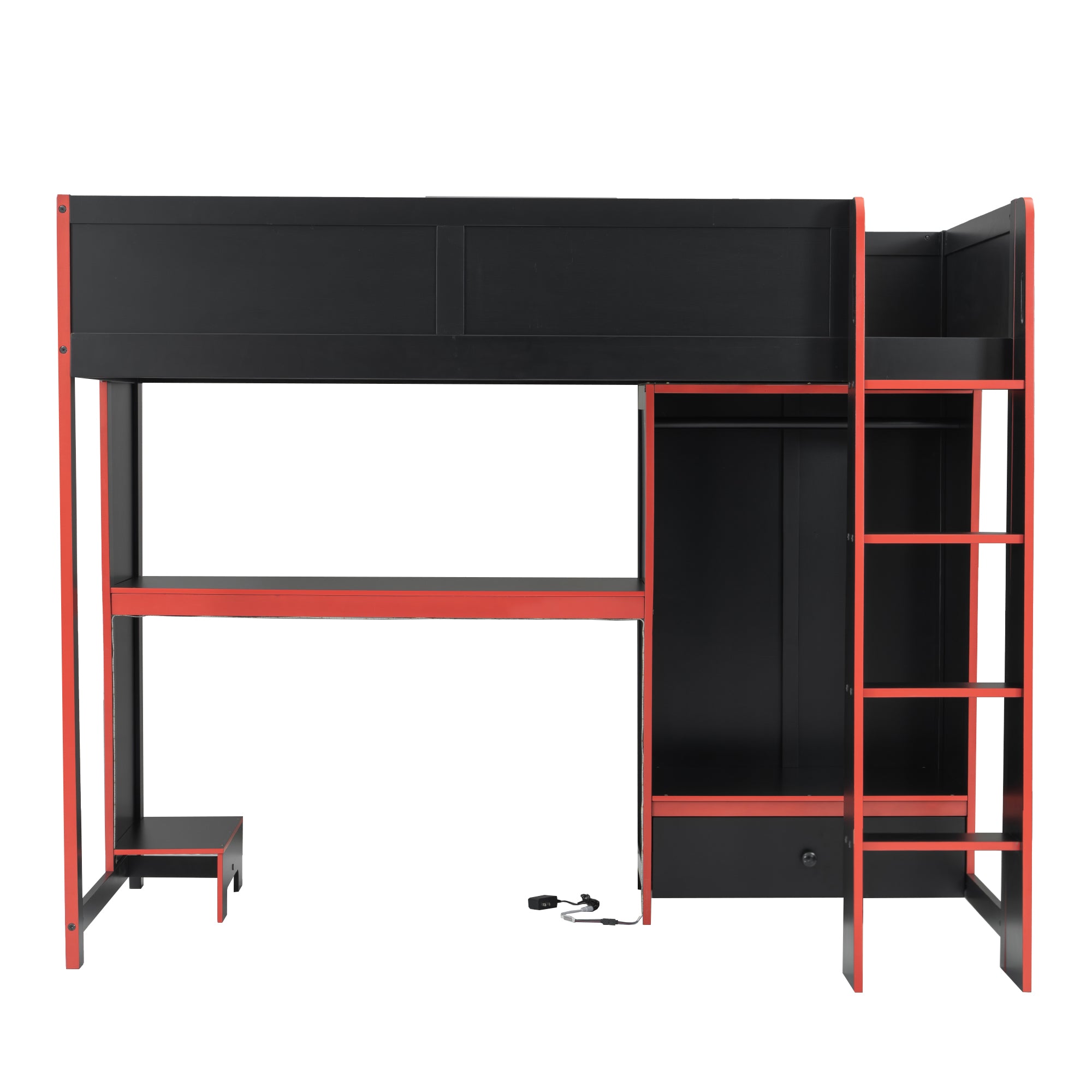 koorbiir G1 Wood Full-Size Gaming Loft Bed with Built-In Gaming Desk, Wardrobe, LED Lighting & Drawer ¨C Black