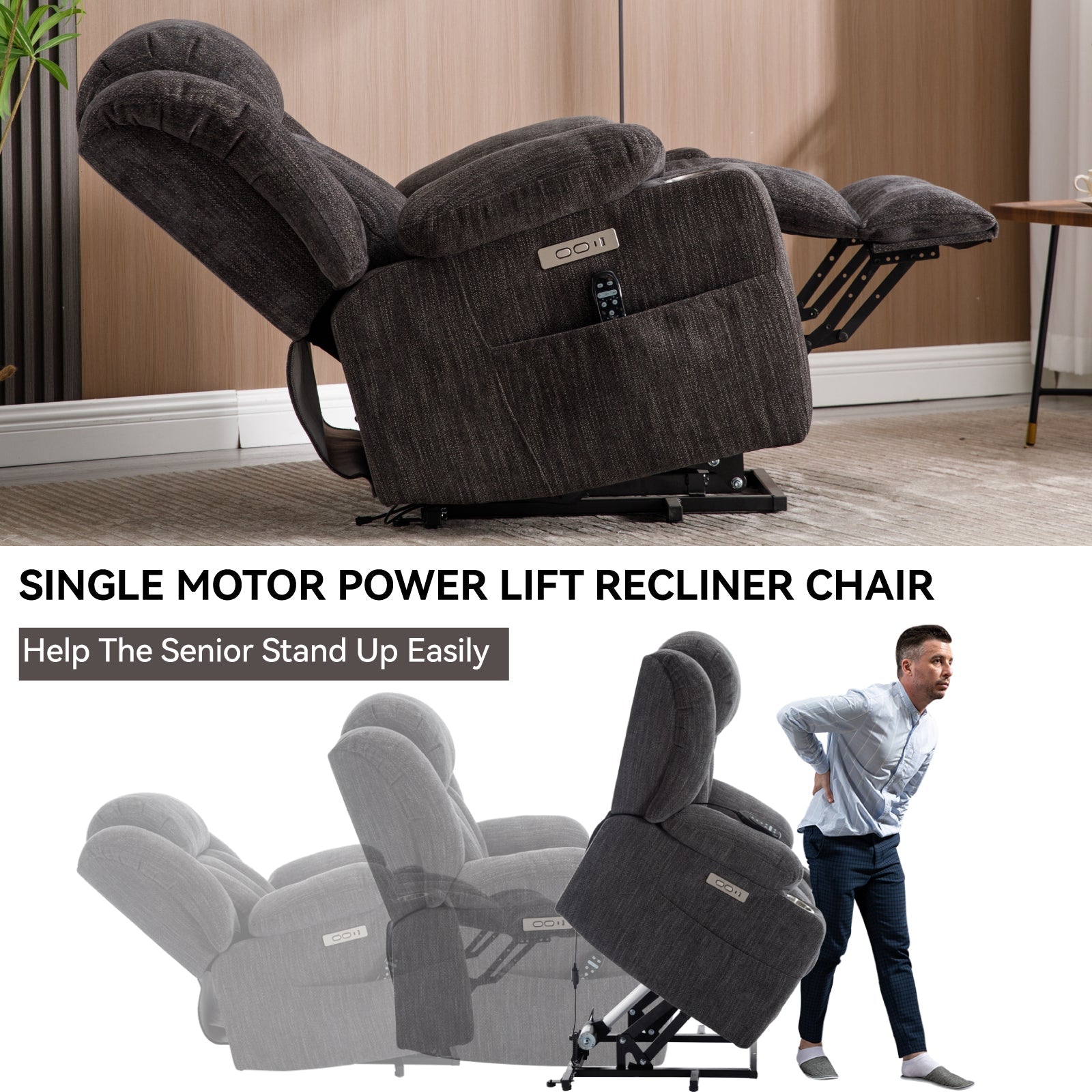 Up to 350 LBS Chenille Power Lift Massage Chair with 8 - Point Vibration, Lumbar Heating, USB & Type - C Ports, Stainless Steel Cup Holders ¨C Blue - Koorbiir