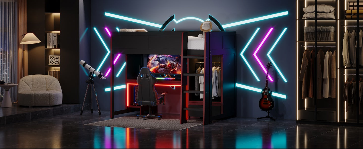 koorbiir G1 Wood Full-Size Gaming Loft Bed with Built-In Gaming Desk, Wardrobe, LED Lighting & Drawer ¨C Black
