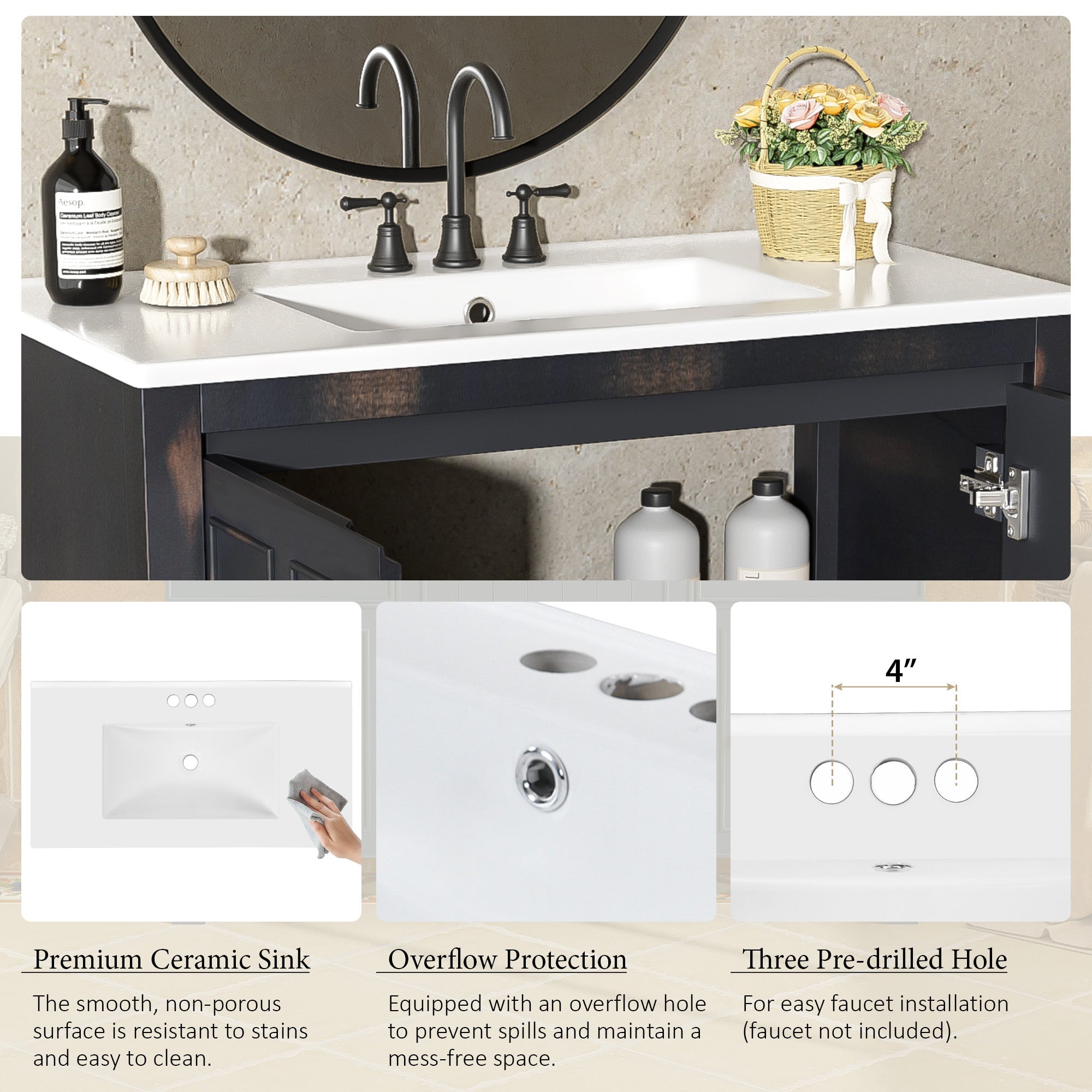 koorbiir ba3 72 Double Vanity Bathroom Storage Cabinet with Ceramic Sinks ¨C Soft - Close Doors & Adjustable Shelves for Stylish Bathroom Organization - Koorbiir