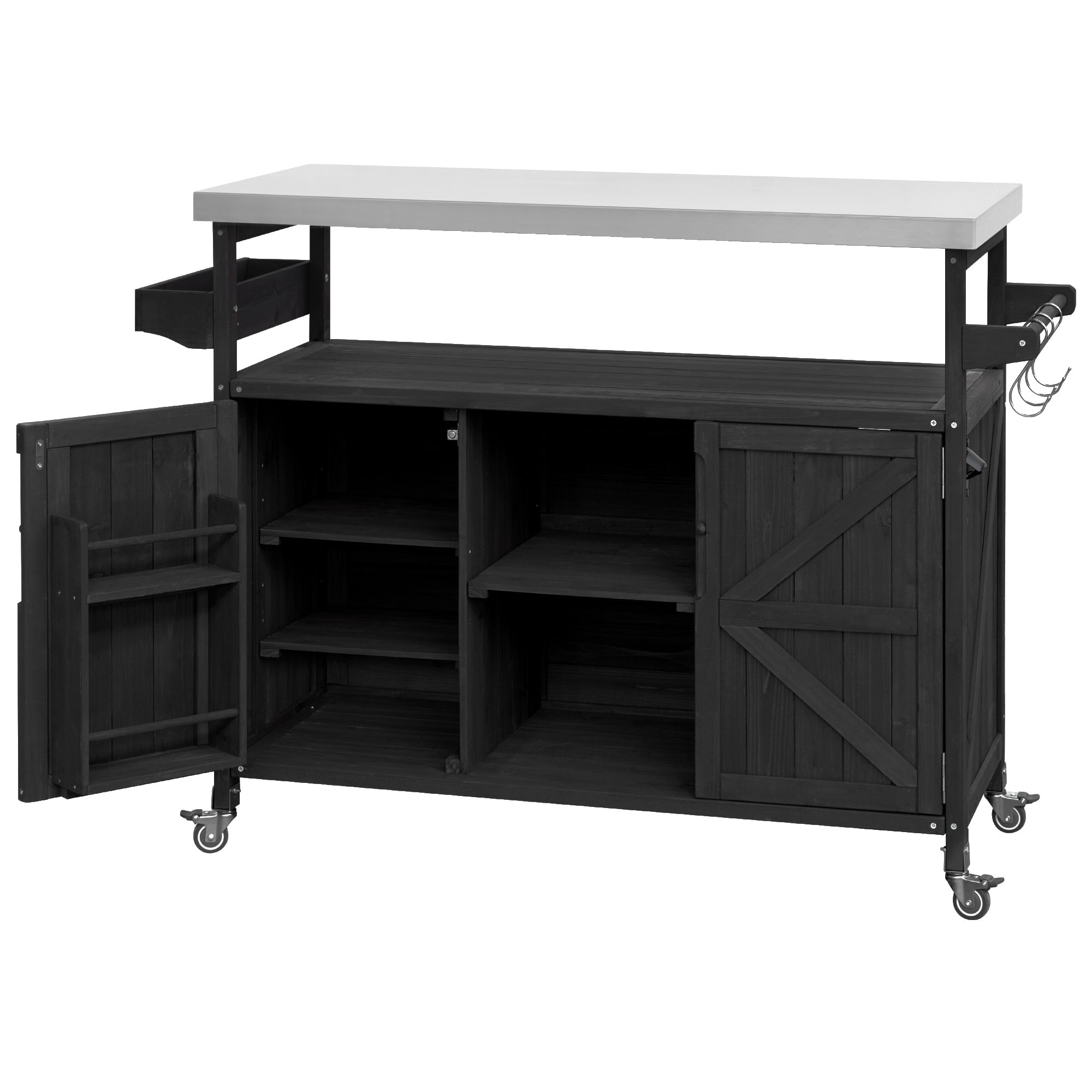 koorbiir k4 K&K Outdoor Kitchen Island & Rolling Bar Cart ¨C Solid Wood Grill Table with Stainless Steel Top, Spice & Towel Rack, Lockable Wheels for Patio, BBQ & Kitchen Storage, Grey Blue