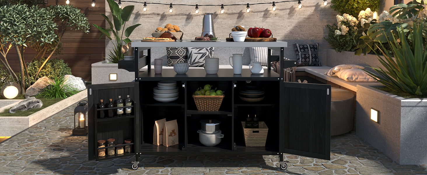 koorbiir k4 K&K Outdoor Kitchen Island & Rolling Bar Cart ¨C Solid Wood Grill Table with Stainless Steel Top, Spice & Towel Rack, Lockable Wheels for Patio, BBQ & Kitchen Storage, Grey Blue