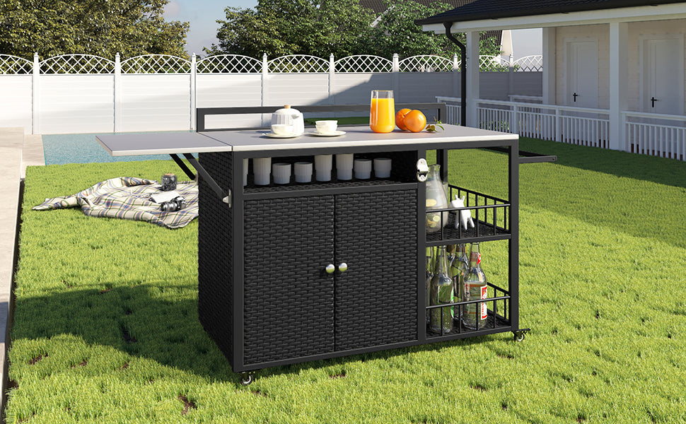 koorbiir k5 63.5" Outdoor Kitchen Island ¨C Rolling Kitchen Storage Island & Cooking Station with Foldable Side Tabletop, Ample Storage, Bottle Opener, Lockable Wheels for Patio & Backyard BBQ, Dark Brown