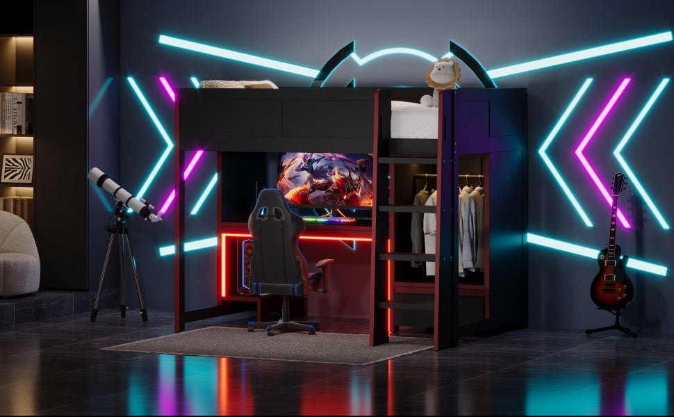 koorbiir G1 Wood Full-Size Gaming Loft Bed with Built-In Gaming Desk, Wardrobe, LED Lighting & Drawer ¨C Black