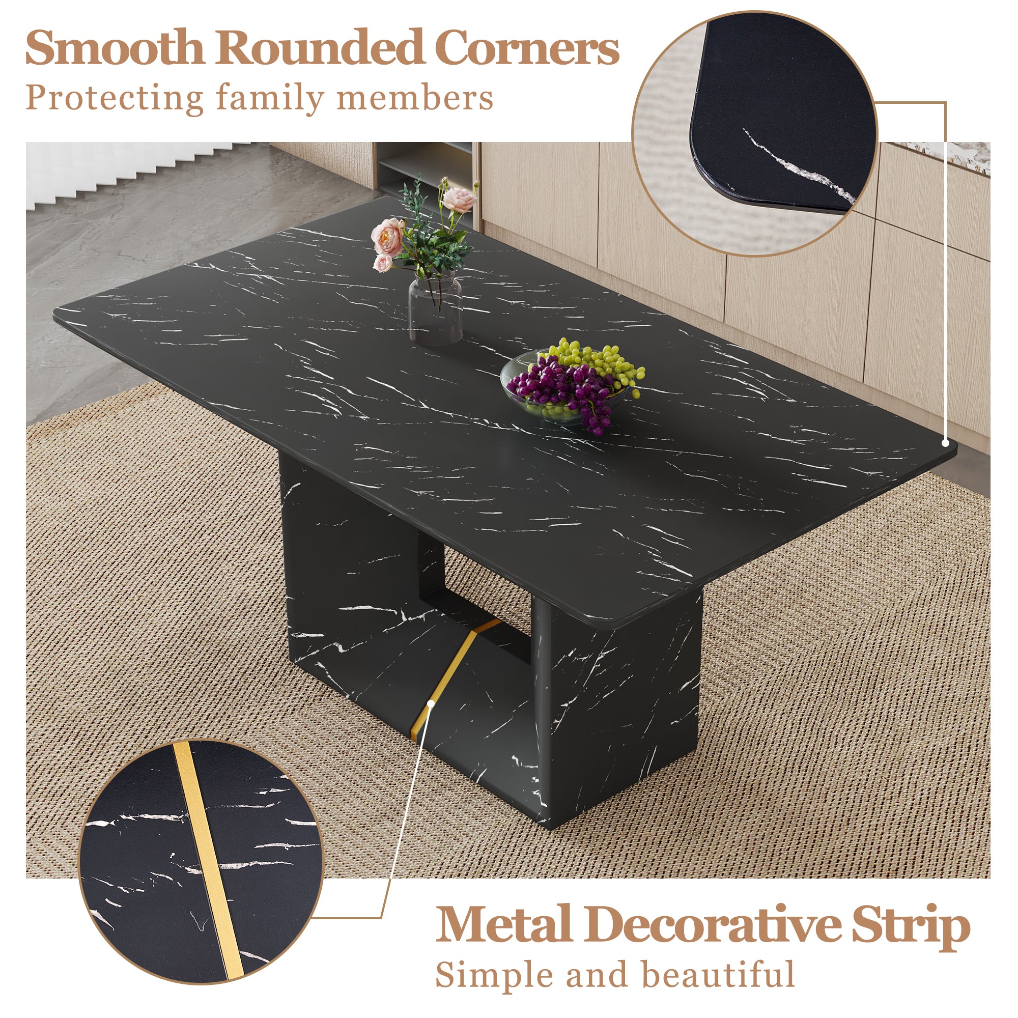 63" x 35.4" Black Marble Pattern Dining Table Set with 4 Dark Gray Linen Chairs ¨C Modern MDF Table with O-Shaped Legs, Metal Frame & Table Linens for Kitchen or Dining Room