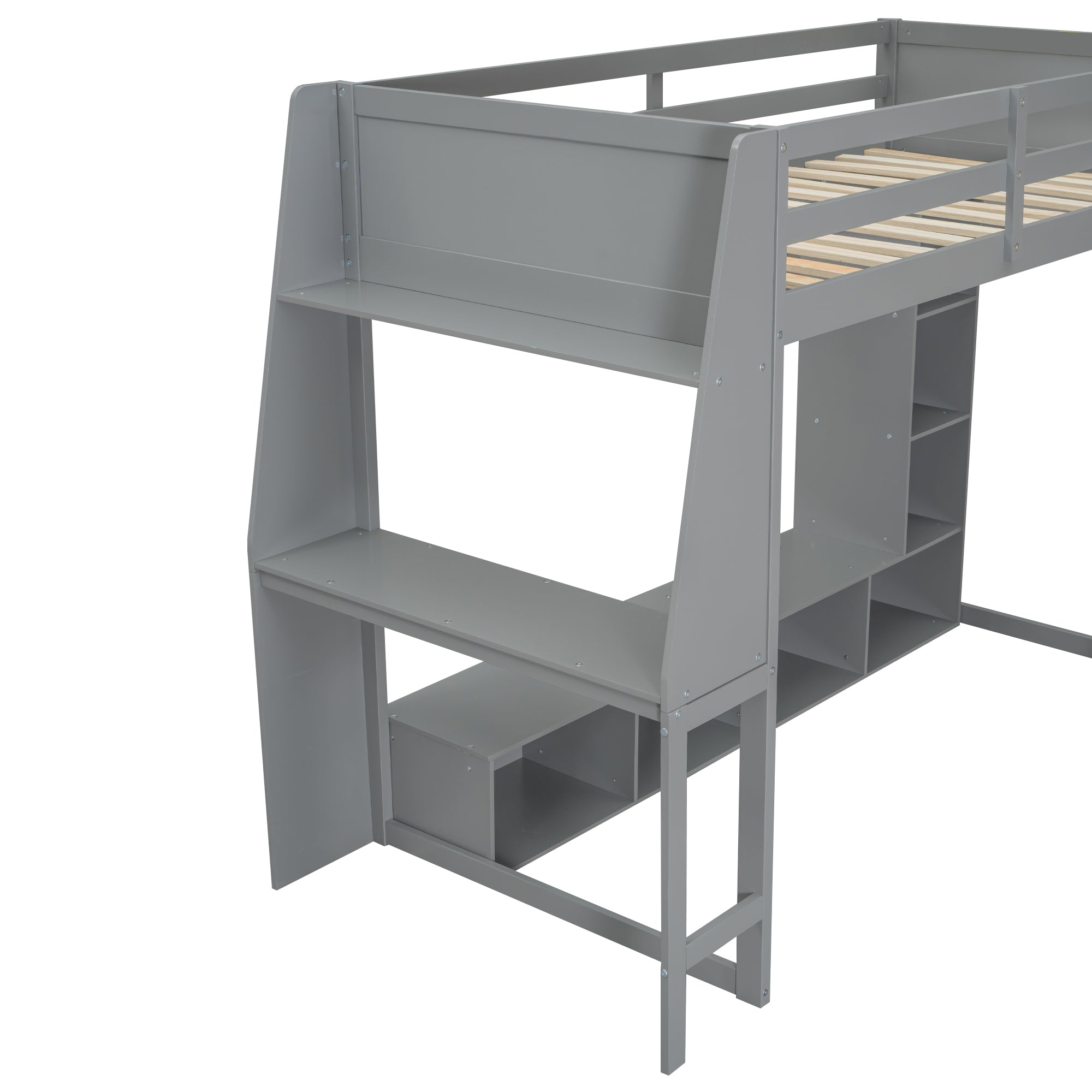koorbiir G4 Wood Full Size Gaming Loft Bed with Built-In Gaming Desk, Multi-Storage Shelves, LED & Hanging Clothes Rack ¨C Gray
