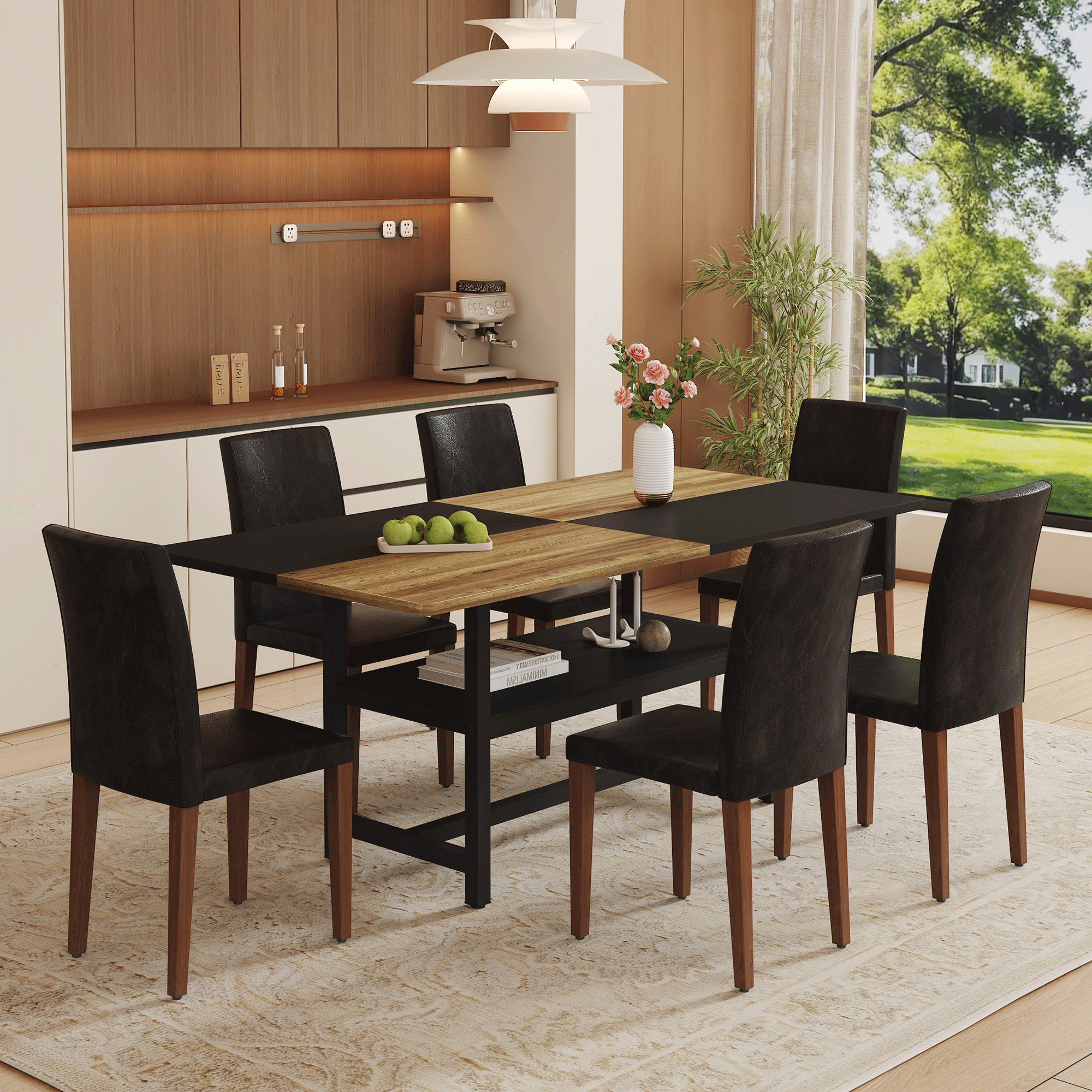 koorbiir ta5 71" x 35.4" Wooden & Black Spliced Dining Table with Middle Storage ¨C 8 Light Gray Linen-Cotton Chairs, Simple and Versatile Table Linens Set