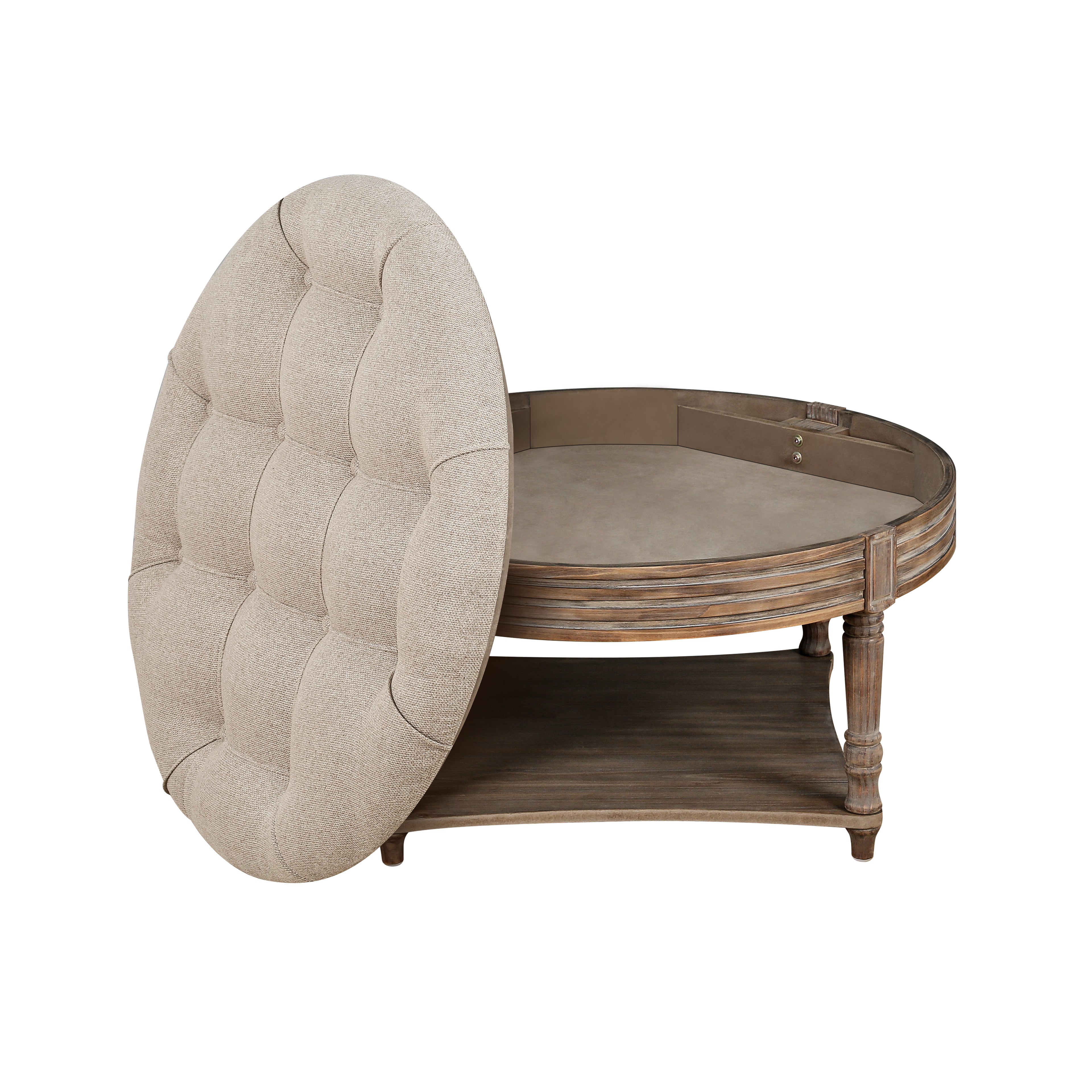 koorbiir ta2 Large Round Waterproof Ottoman Coffee Table with 2-Tier Wooden Shelf ¨C Oversized Button Tufted Upholstered Footstool Ottoman, Farmhouse Style Table Linens (Light Gray) for Living Room