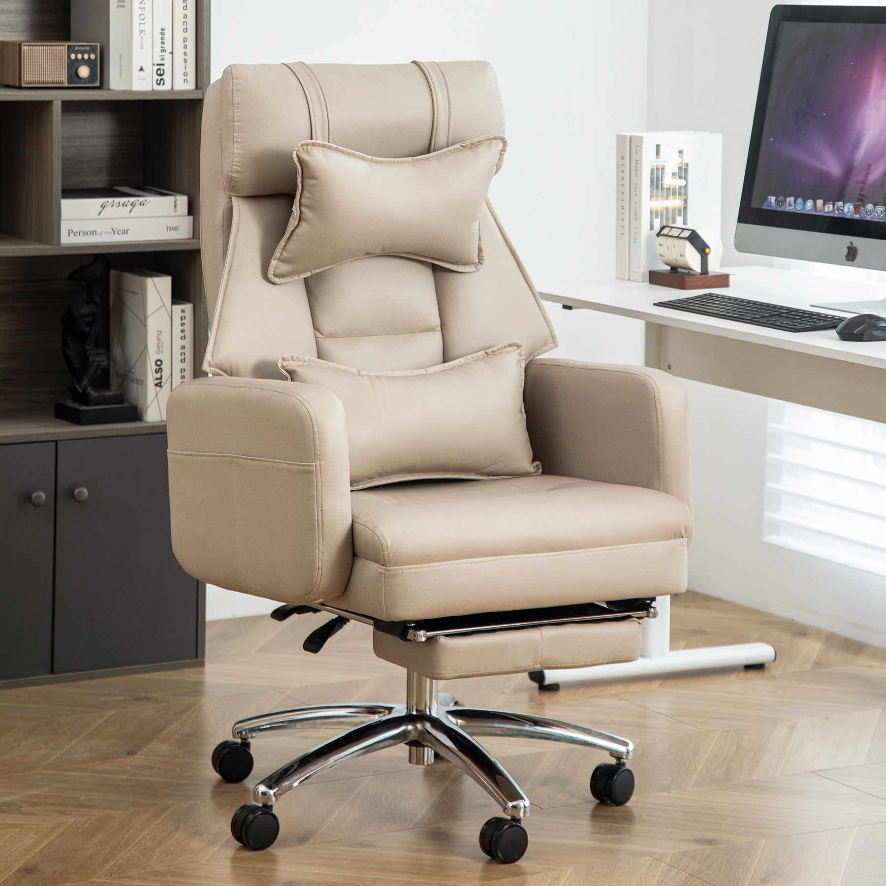 koorbiir o1 Ergonomic Swivel Office Chair with Lumbar Support & Headrest ¨C High Back Reclining Computer Chair, Beige - Koorbiir