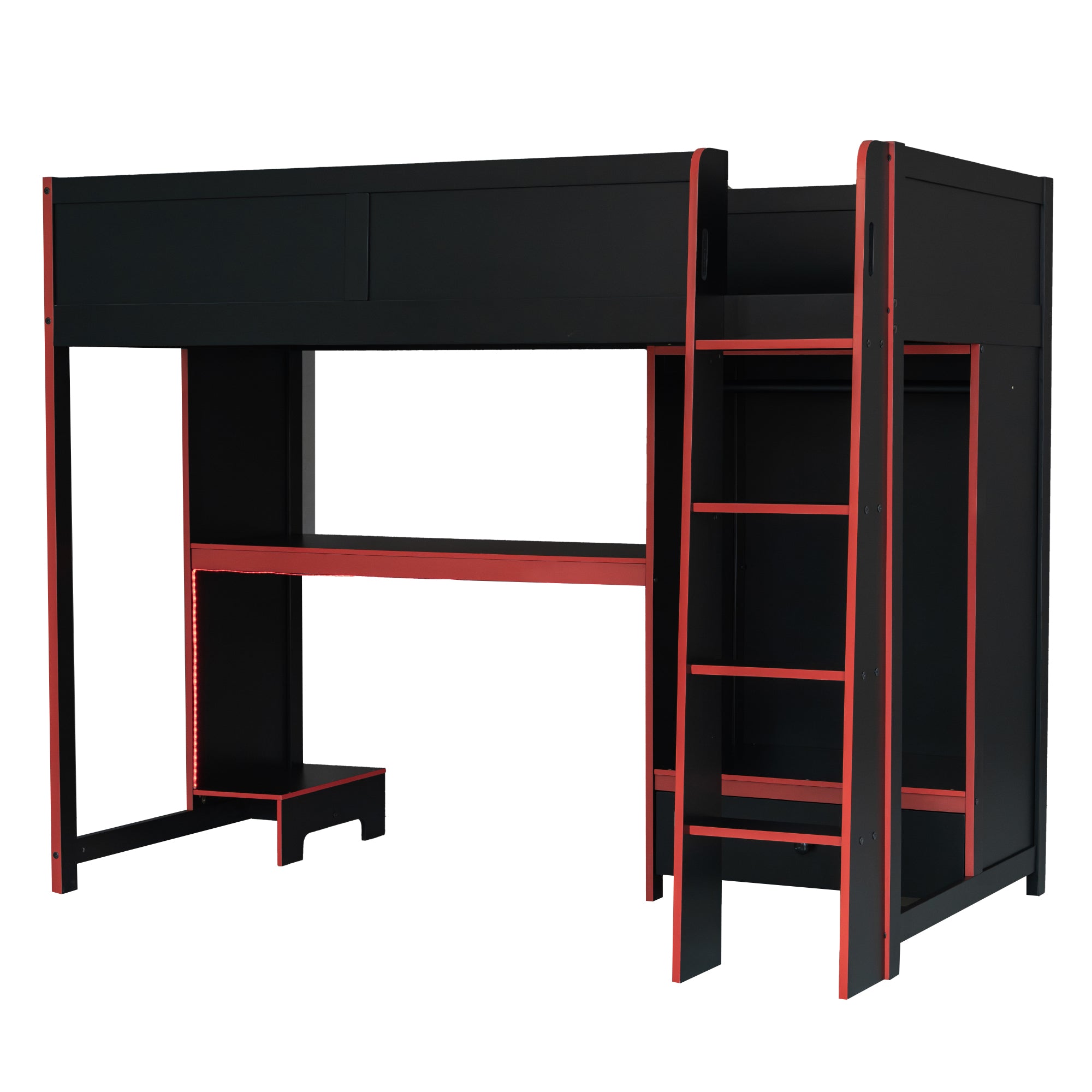koorbiir G1 Wood Full-Size Gaming Loft Bed with Built-In Gaming Desk, Wardrobe, LED Lighting & Drawer ¨C Black