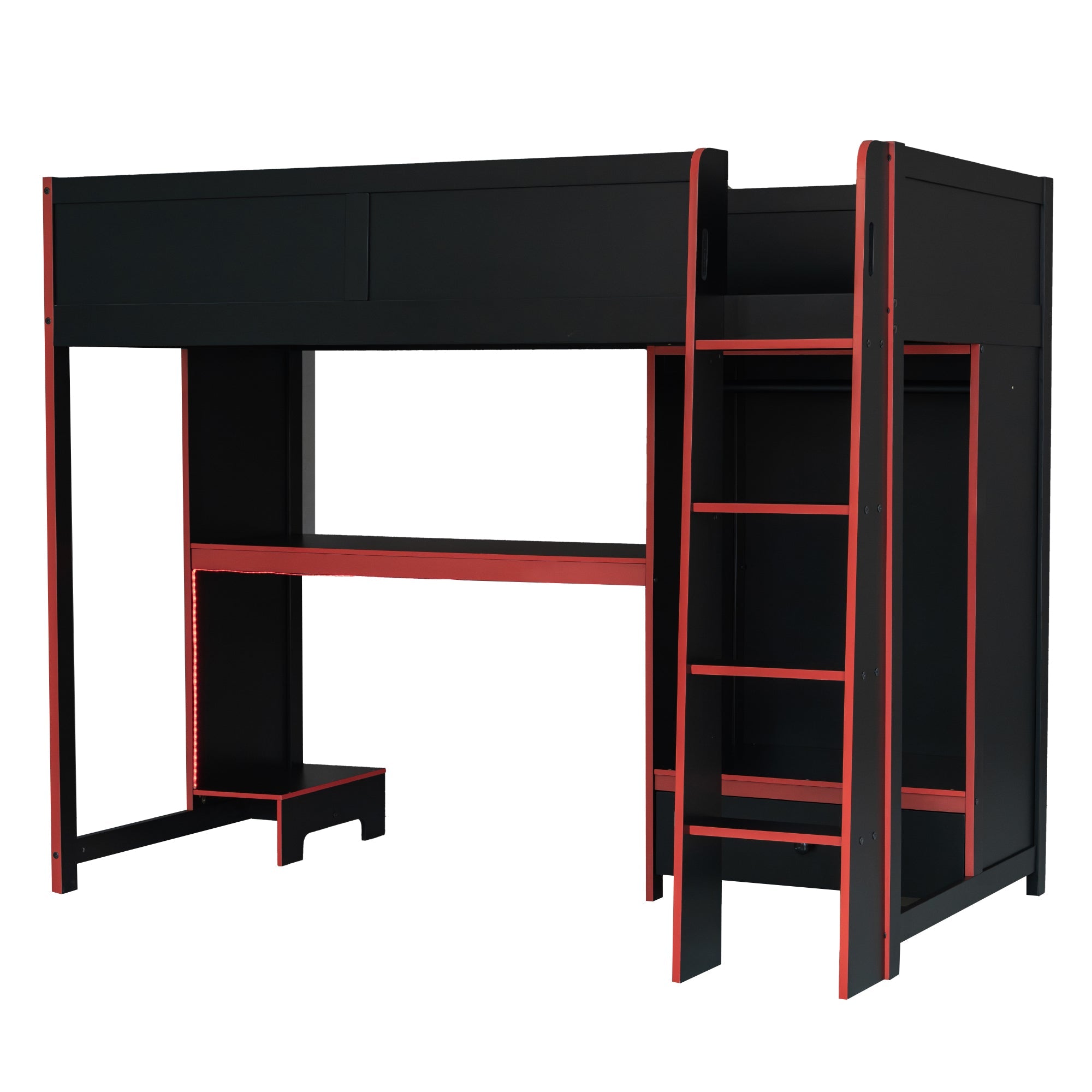koorbiir G1 Wood Full - Size Gaming Loft Bed with Built - In Gaming Desk, Wardrobe, LED Lighting & Drawer ¨C Black - Koorbiir