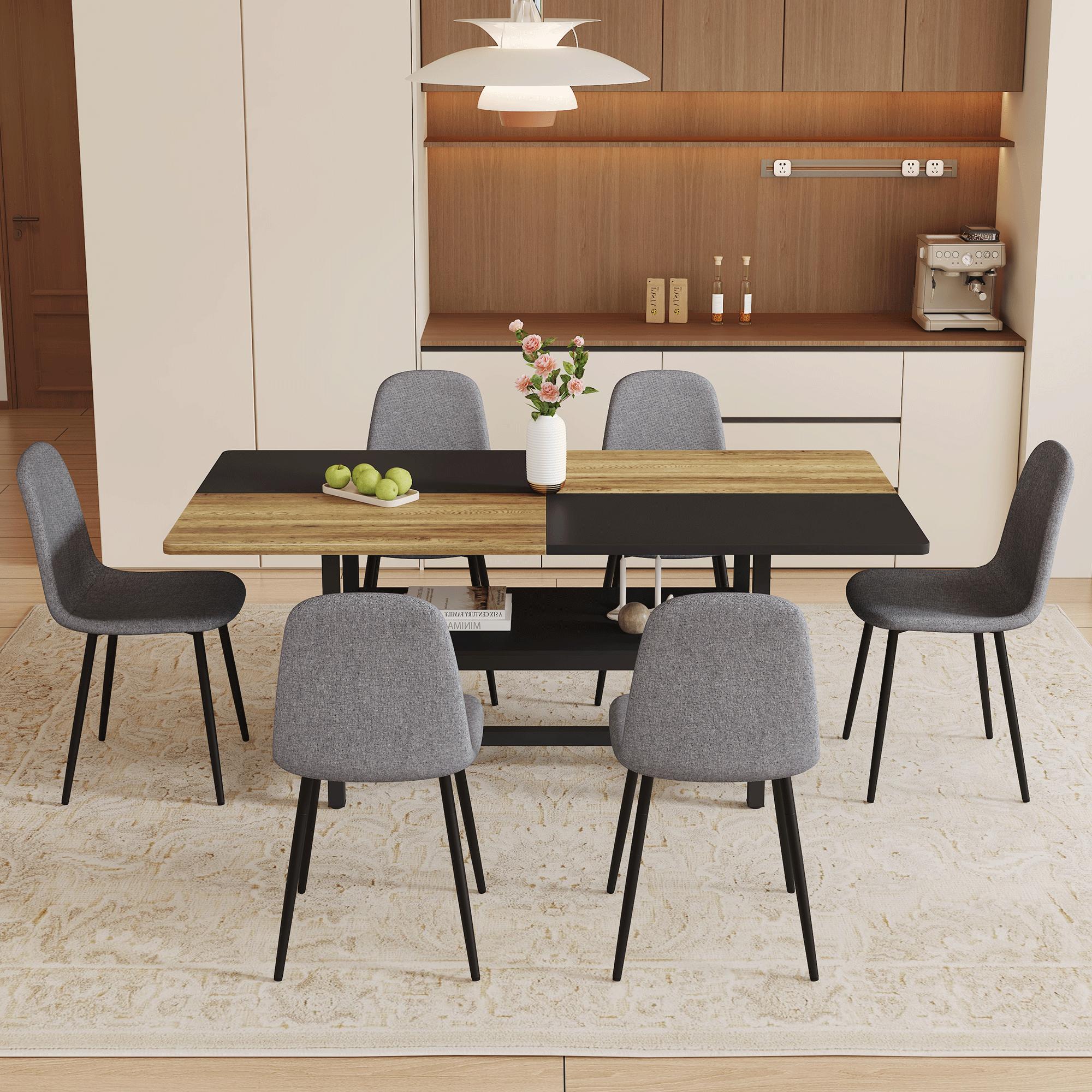 koorbiir ta3 71" x 35.4" Wooden & Black Spliced Dining Table with Middle Storage ¨C 6 Light Gray Linen Fabric Chairs, Sturdy Metal Frame, Table Linens Included