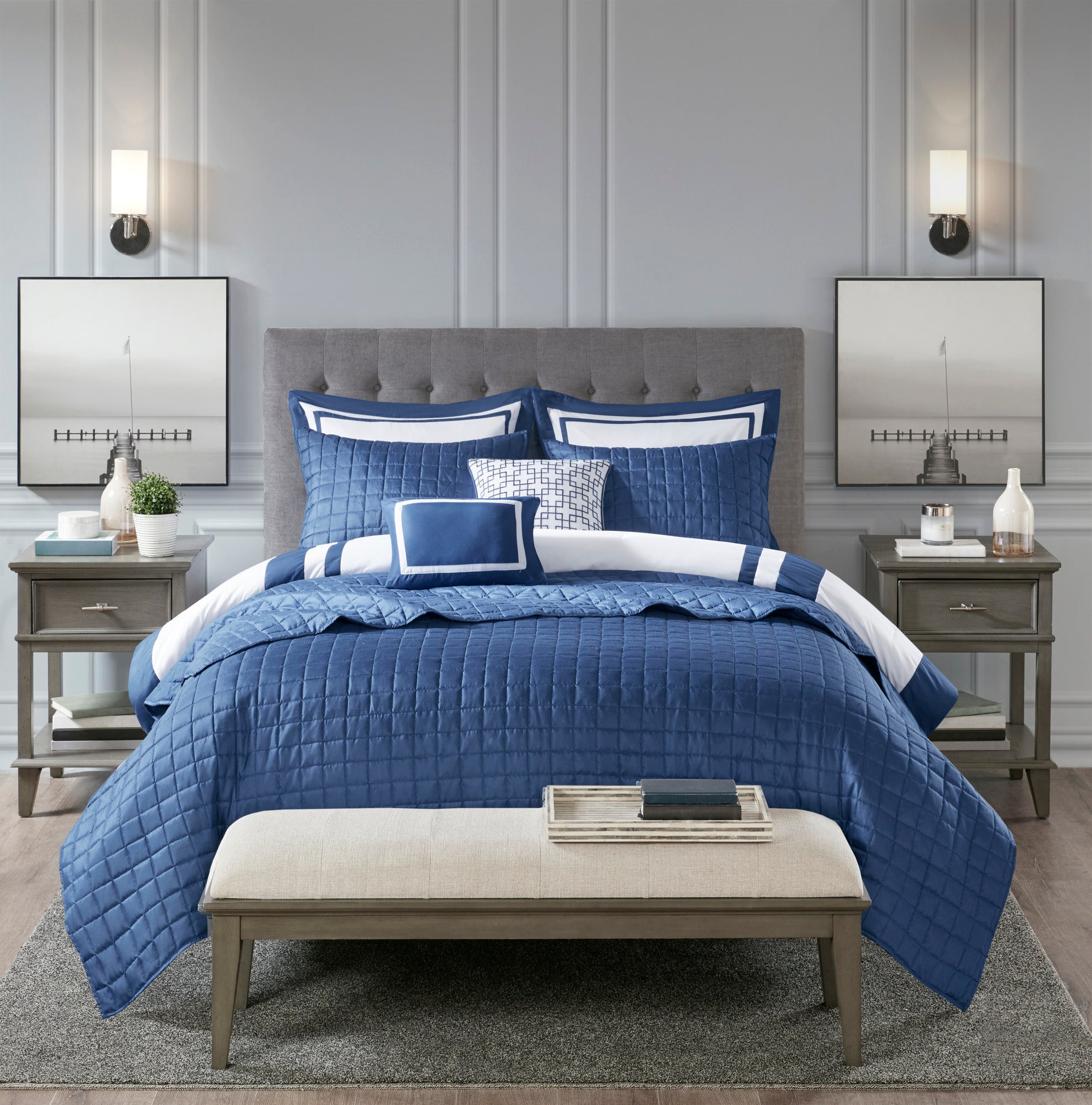 8-Piece Blue Seersucker Comforter & Quilt Set ¨C King/Cal King Bedding Collections with Decorative Pillows & Shams
