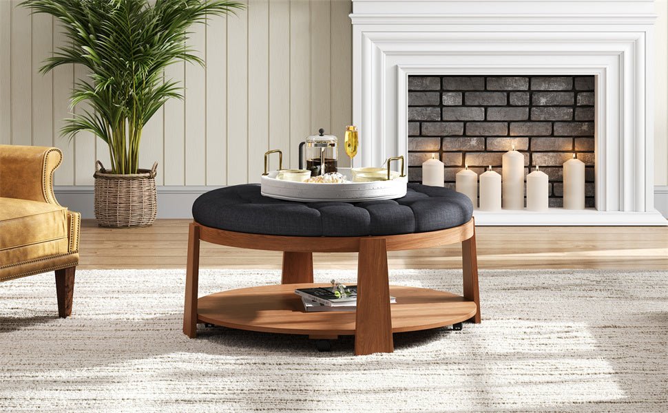 koorbiir ta1 Modern Large Round Ottoman Coffee Table with 2 - Tier Wood Shelf Storage ¨C Oversized Button Tufted Upholstered Footrest Ottoman on Wheels, Waterproof Table Linens for Living Room - Koorbiir