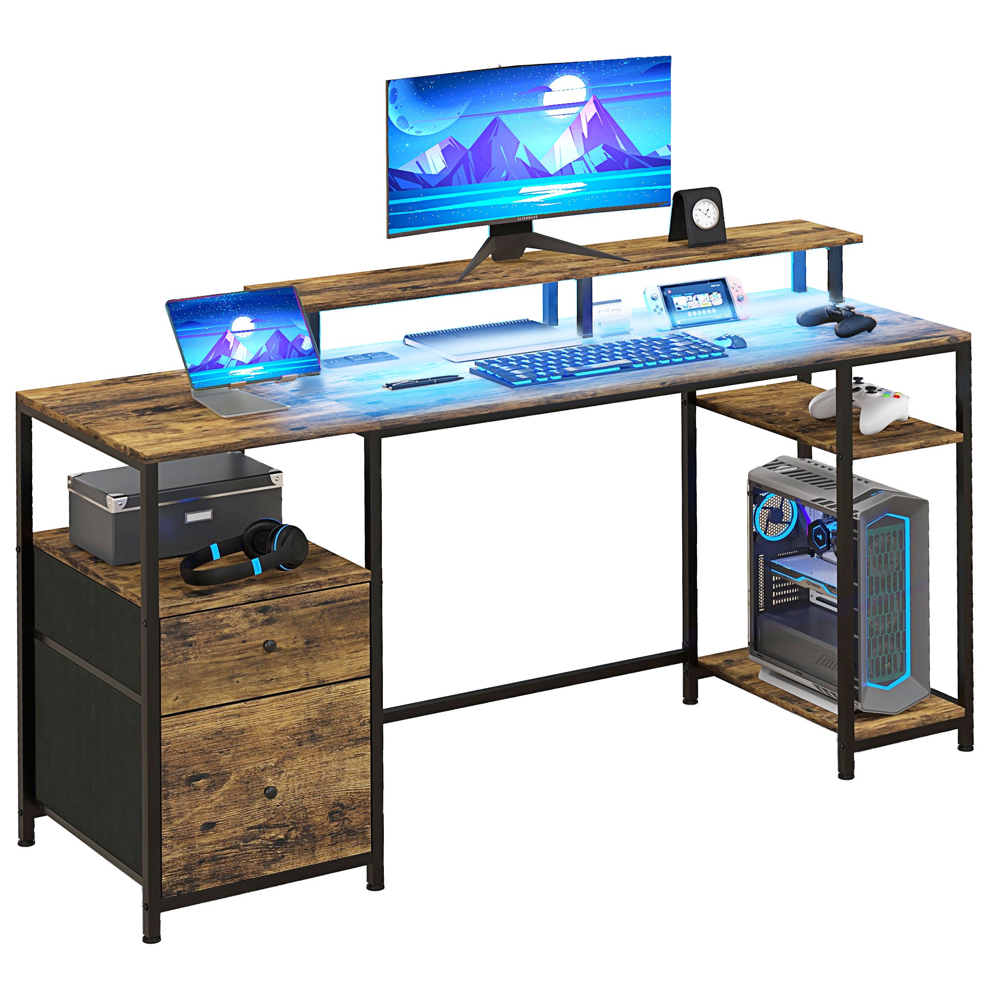 koorbiir d5 61" Standing Desk with LED Lights, Power Outlets, USB Ports, Storage Shelves, Monitor Stand & Drawers ¨C Rustic Brown