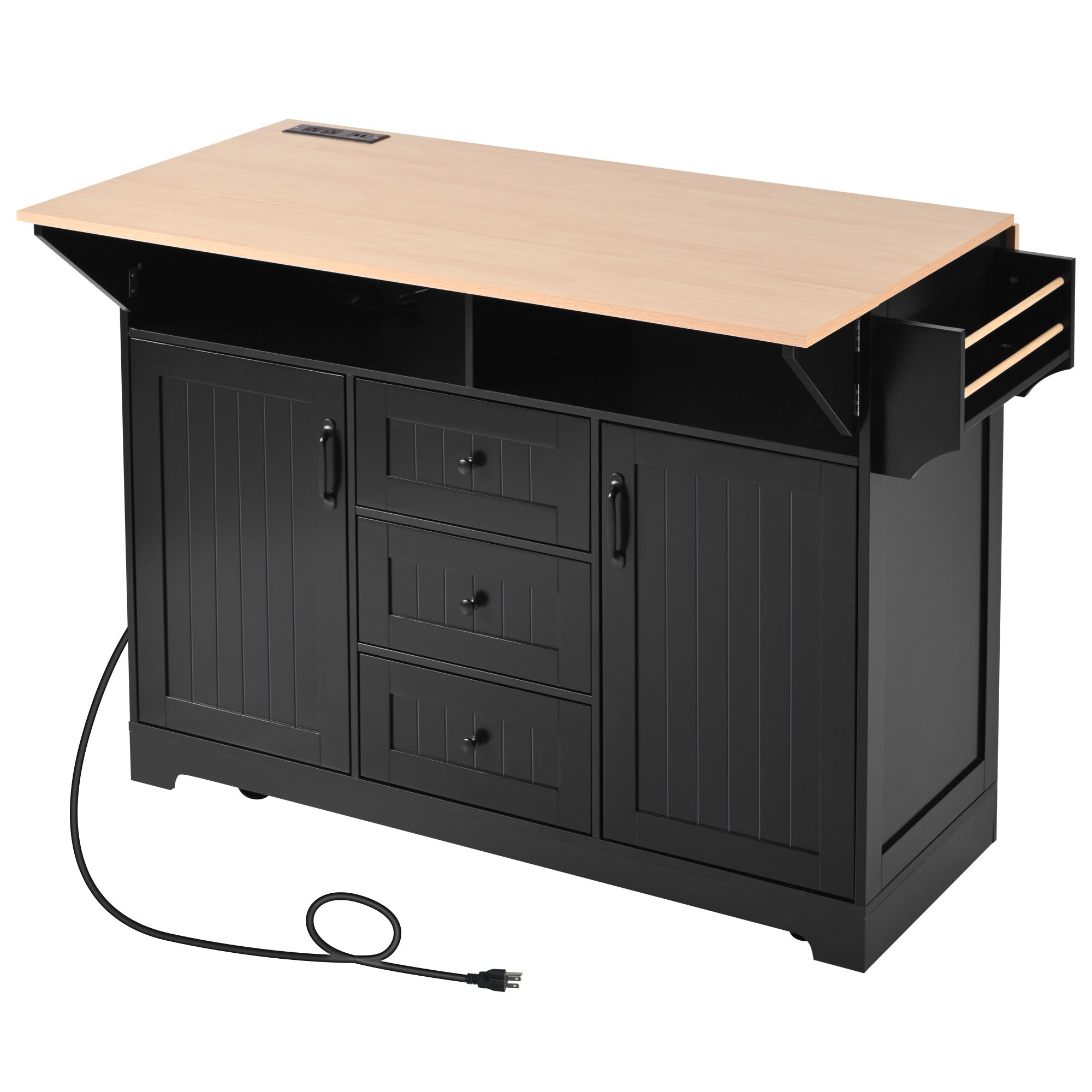 koorbiir k2 K&K 55.7" Large Kitchen Island with Storage, 2 Drop Leaves, Rolling Kitchen Cart with Power Outlet, Folding Dining Table, 3 Drawers & Spice/Towel Rack ¨C Mobile Kitchen Storage for Kitchen & Dining Room, Black