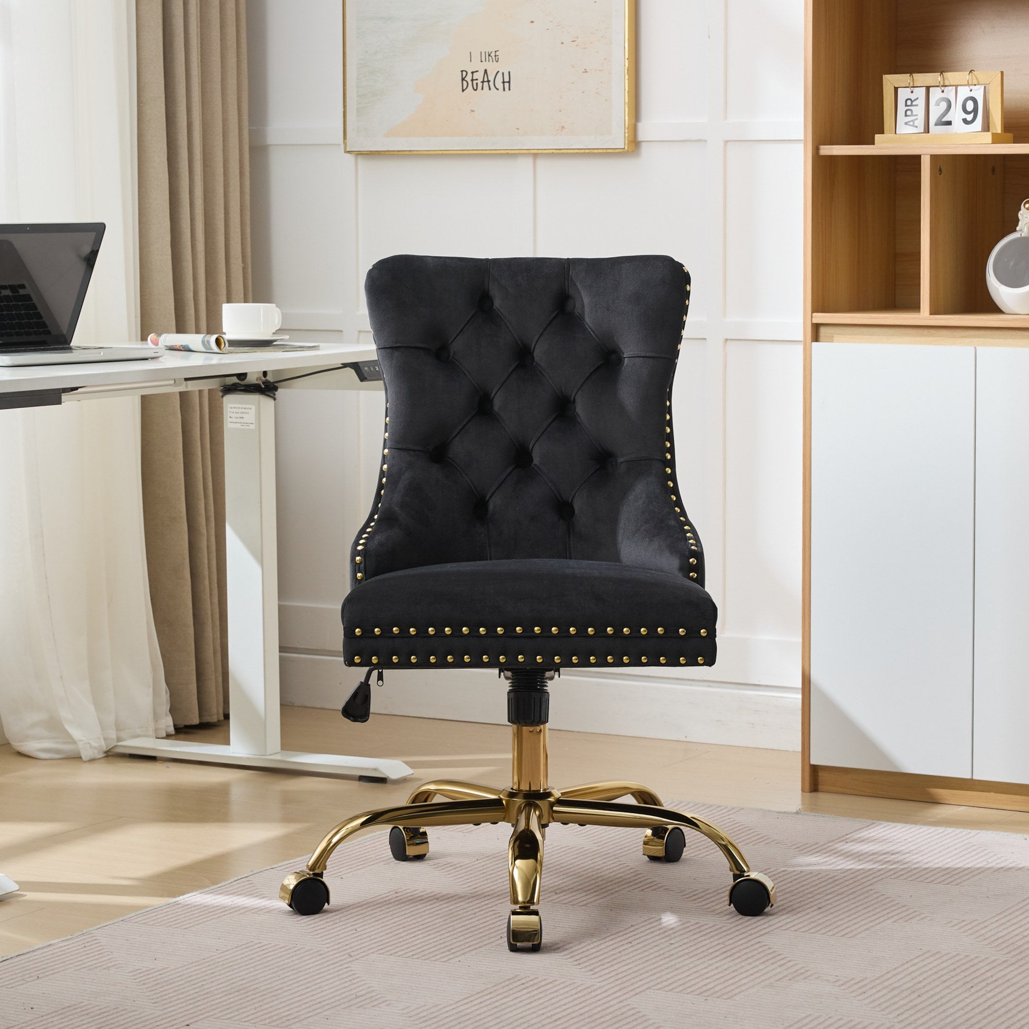 koorbiir o4 Modern Velvet Upholstered Office Chair with Tufted Button ¨C Adjustable Swivel Desk Chair with Gold Metal Base (Gray)