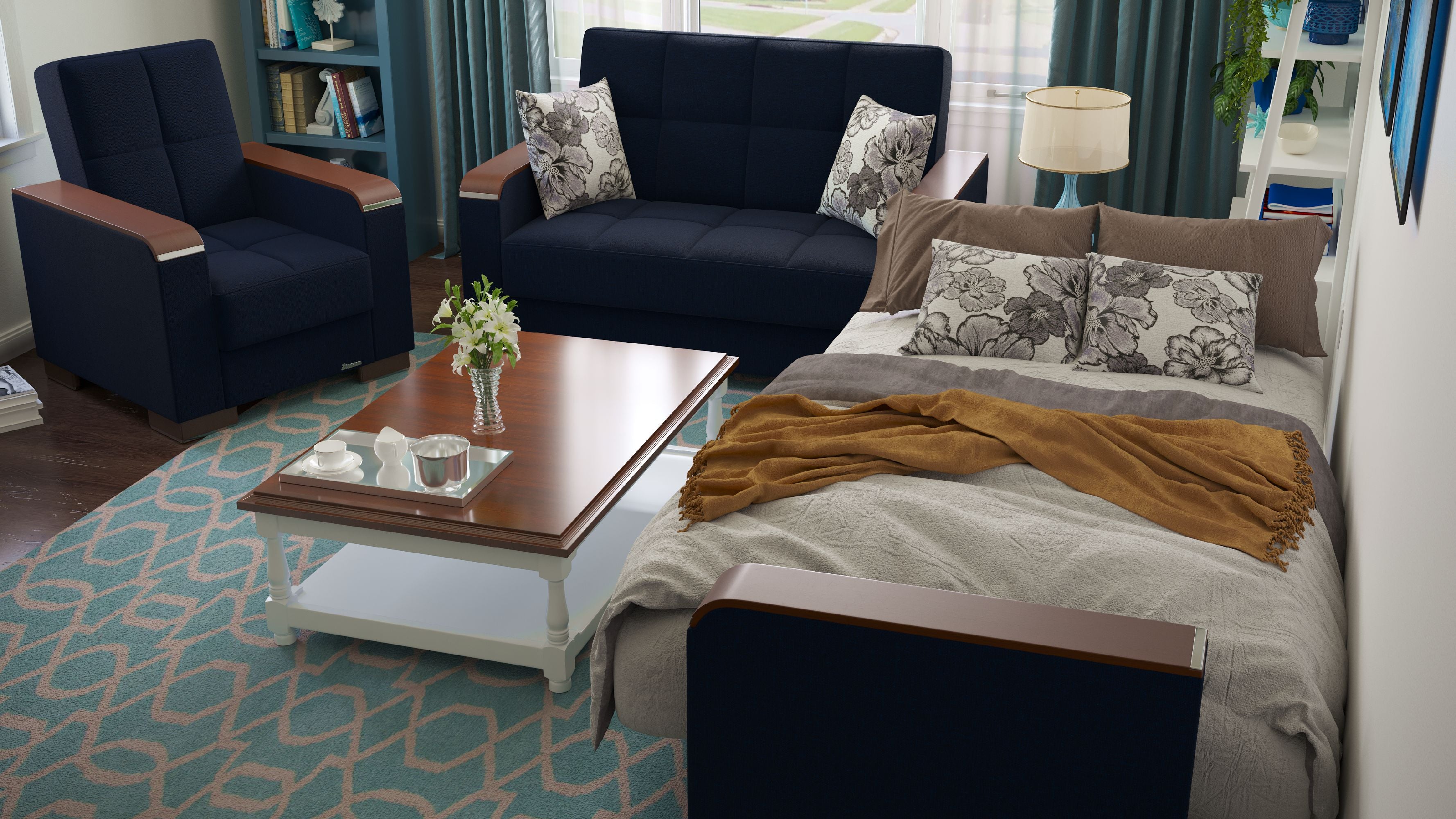 PrimeNest ZenAero Collection Convertible Wood Trimmed Upholstered Sofabed with Storage, Dark Blue Polyester Sleeper Sofa Bed for Small Spaces Living Room Furniture