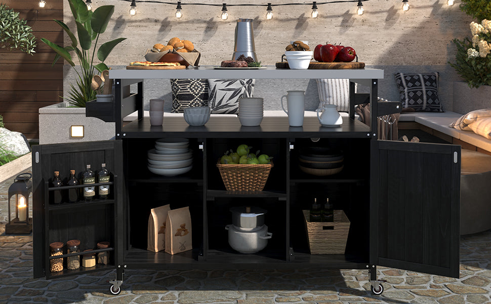 koorbiir k4 K&K Outdoor Kitchen Island & Rolling Bar Cart ¨C Solid Wood Grill Table with Stainless Steel Top, Spice & Towel Rack, Lockable Wheels for Patio, BBQ & Kitchen Storage, Grey Blue