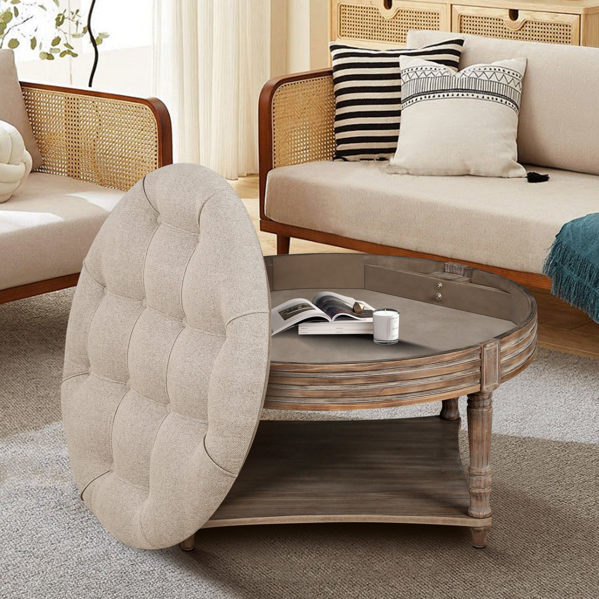 koorbiir ta2 Large Round Waterproof Ottoman Coffee Table with 2 - Tier Wooden Shelf ¨C Oversized Button Tufted Upholstered Footstool Ottoman, Farmhouse Style Table Linens (Light Gray) for Living Room - Koorbiir