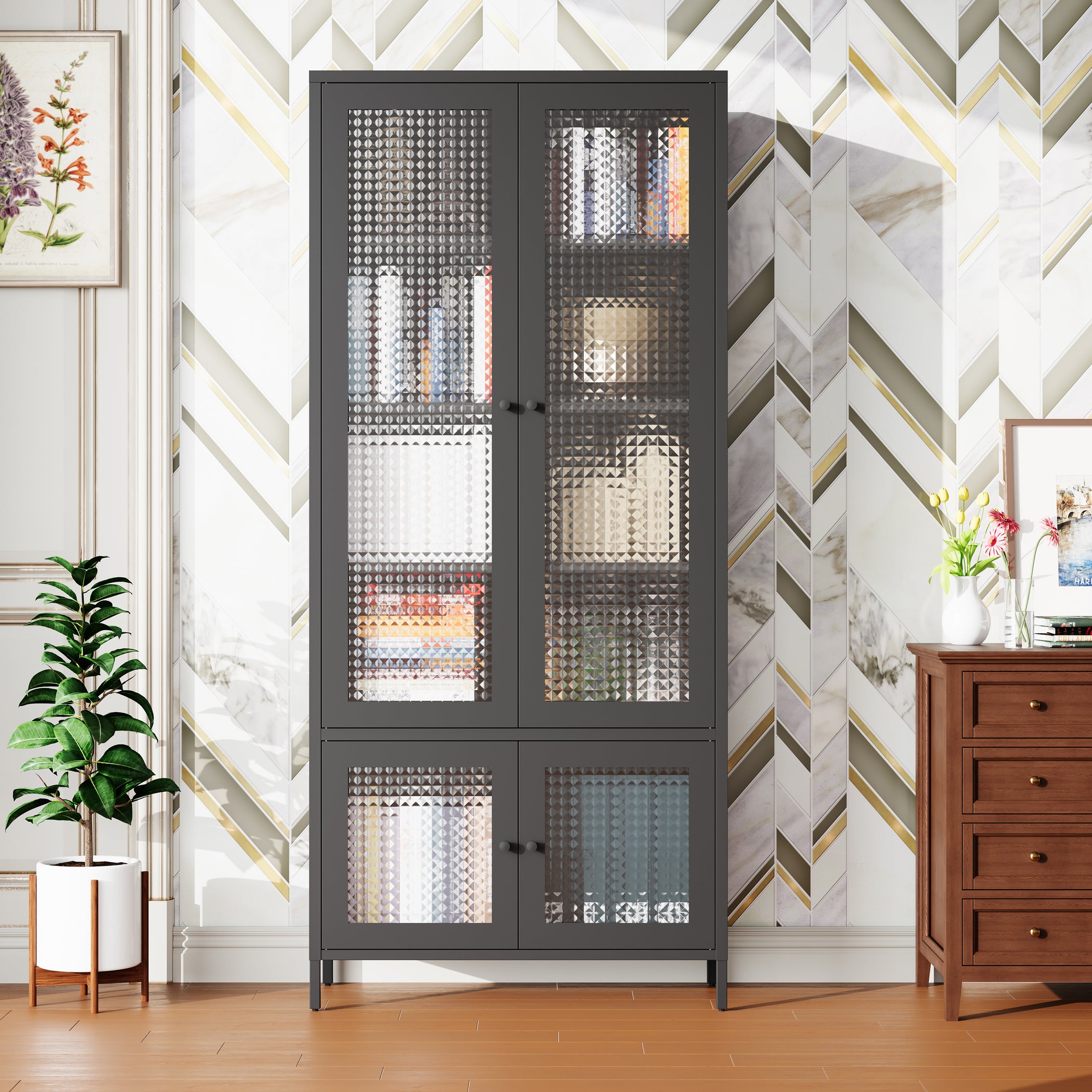 Large Metal Storage & Office Cabinet with 4 Waffle-Grid Tempered Glass Doors, 5 Adjustable Shelves ¨C Freestanding Display Bookcase for Home, Bedroom, Living Room, Pantry, Office ¨C Black