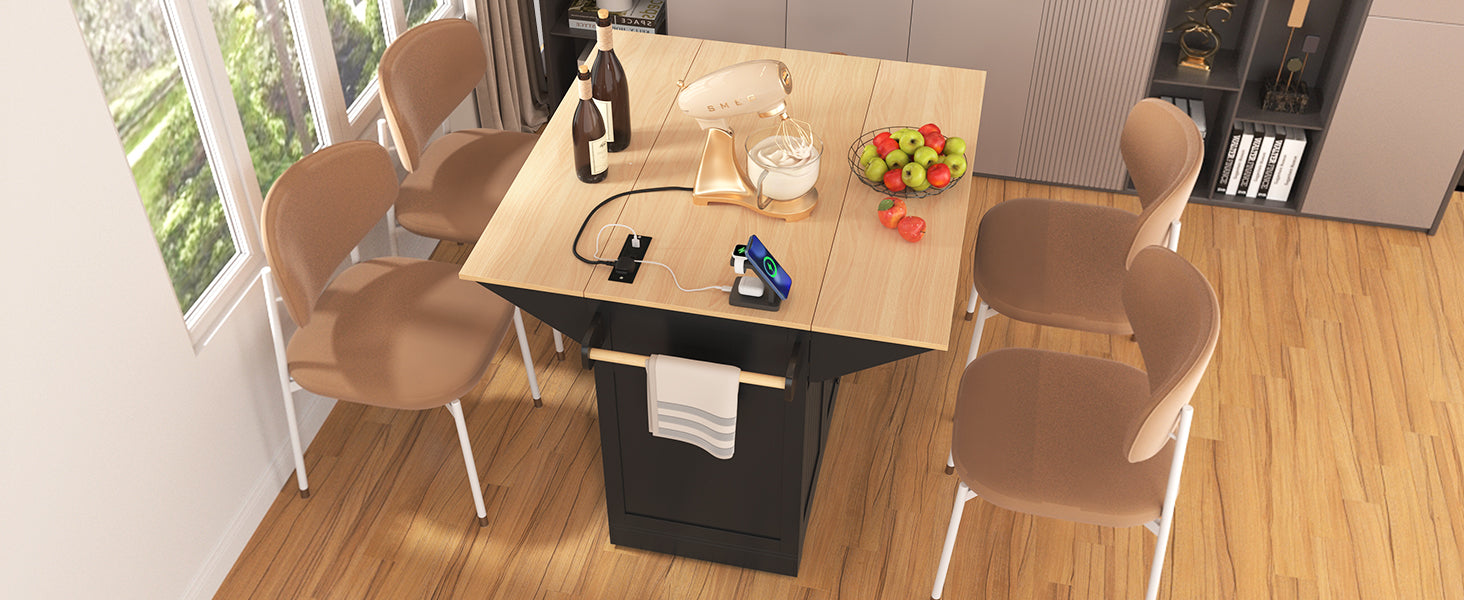 koorbiir k2 K&K 55.7" Large Kitchen Island with Storage, 2 Drop Leaves, Rolling Kitchen Cart with Power Outlet, Folding Dining Table, 3 Drawers & Spice/Towel Rack ¨C Mobile Kitchen Storage for Kitchen & Dining Room, Black