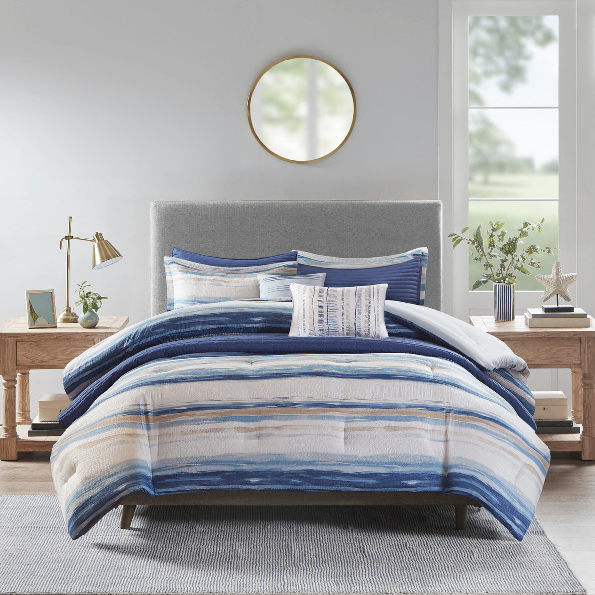 8-Piece Blue Seersucker Comforter & Quilt Set ¨C King/Cal King Bedding Collections with Decorative Pillows & Shams