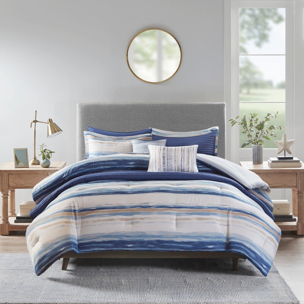 koorbiir be1 8 - Piece Blue Seersucker Comforter & Quilt Set ¨C King/Cal King Bedding Collections with Decorative Pillows & Shams - Koorbiir