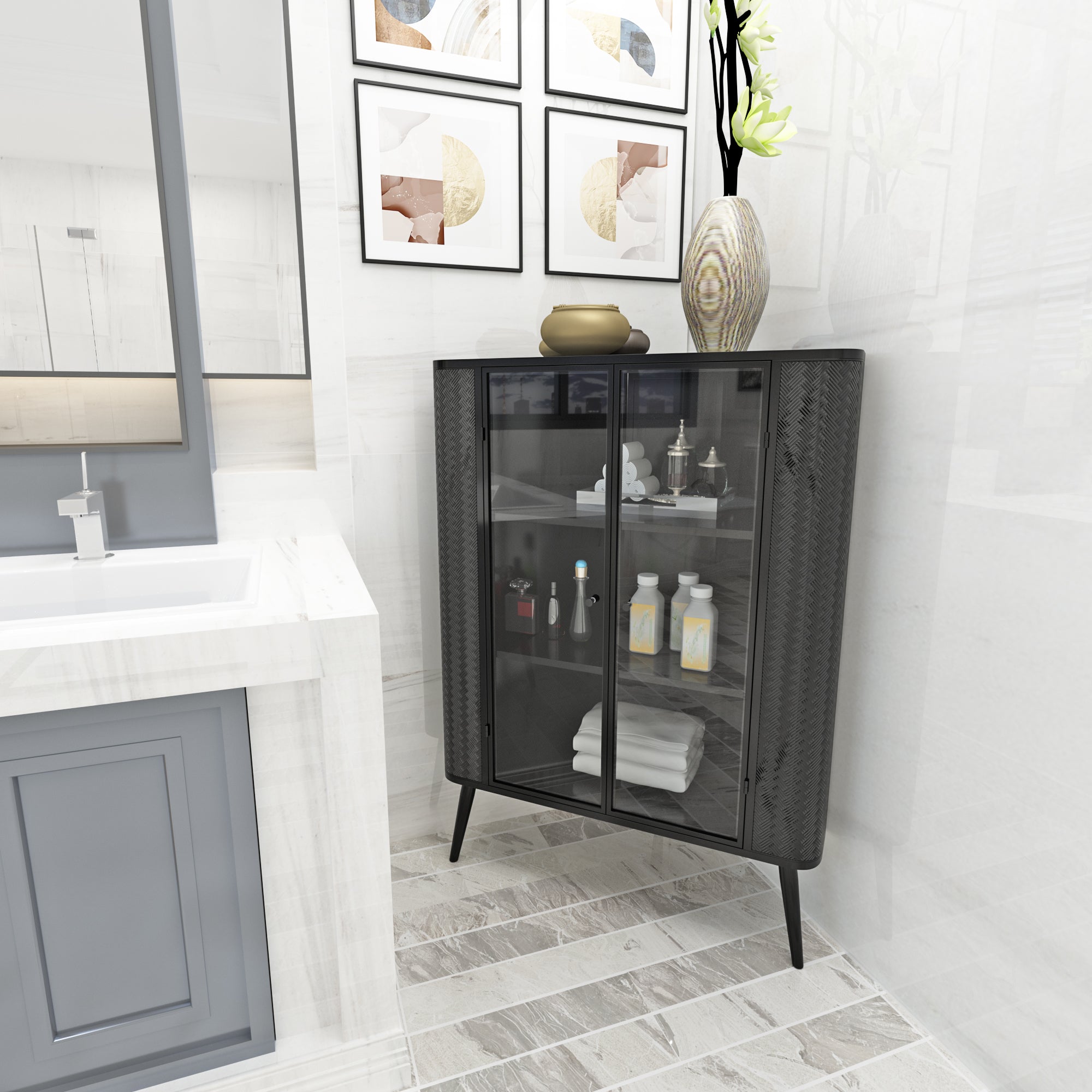 Modern 3-Tier Corner Storage Cabinet with Tempered Glass Doors ¨C Freestanding Metal Frame Organizer for Bathroom Organization, Kitchen, Bedroom, and Small Spaces
