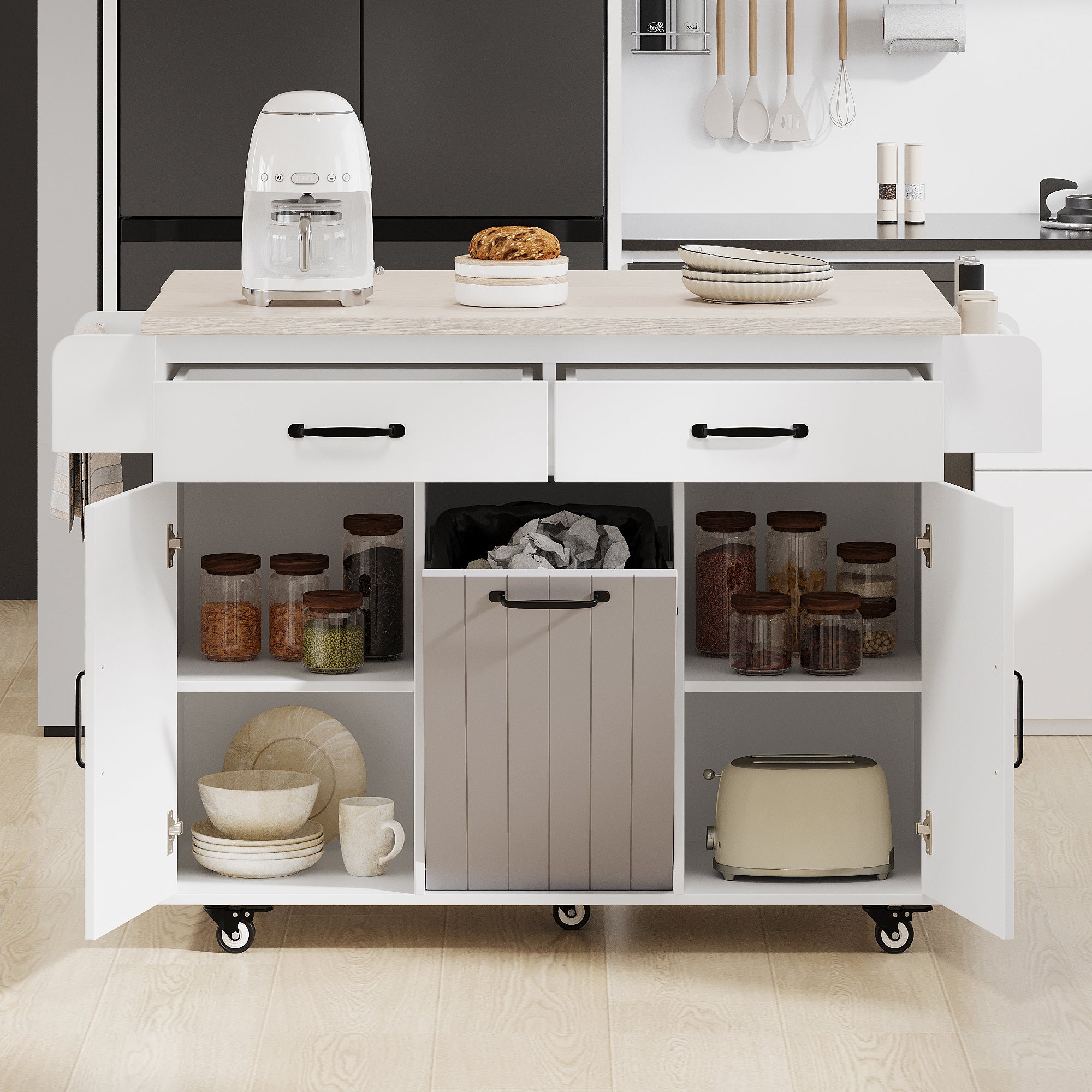 koorbiir k3 K&K Kitchen Island with Trash Can Storage, Drop Leaf Countertop, Spice & Towel Rack, Drawer Cabinet ¨C Rolling Kitchen Cart with Adjustable Shelves for Kitchen Storage, White