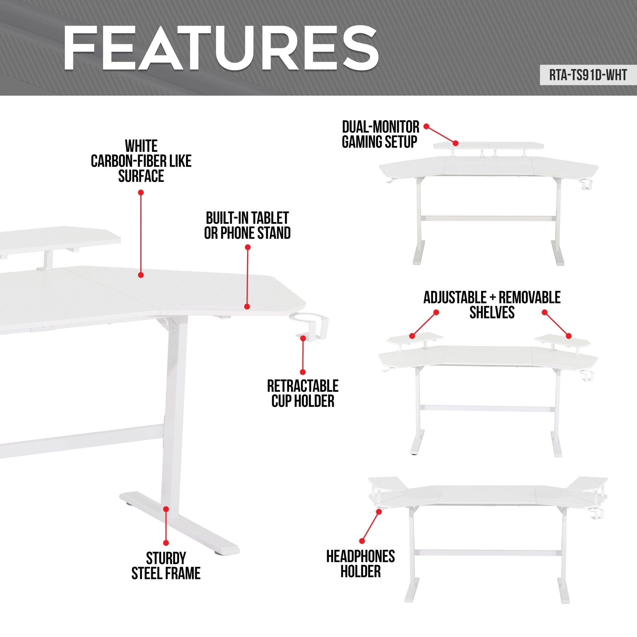 koorbiir G2 Sport TS911D White Gaming Desk with Shelves & Accessory Holder ¨C Ergonomic Gaming Desk - Koorbiir