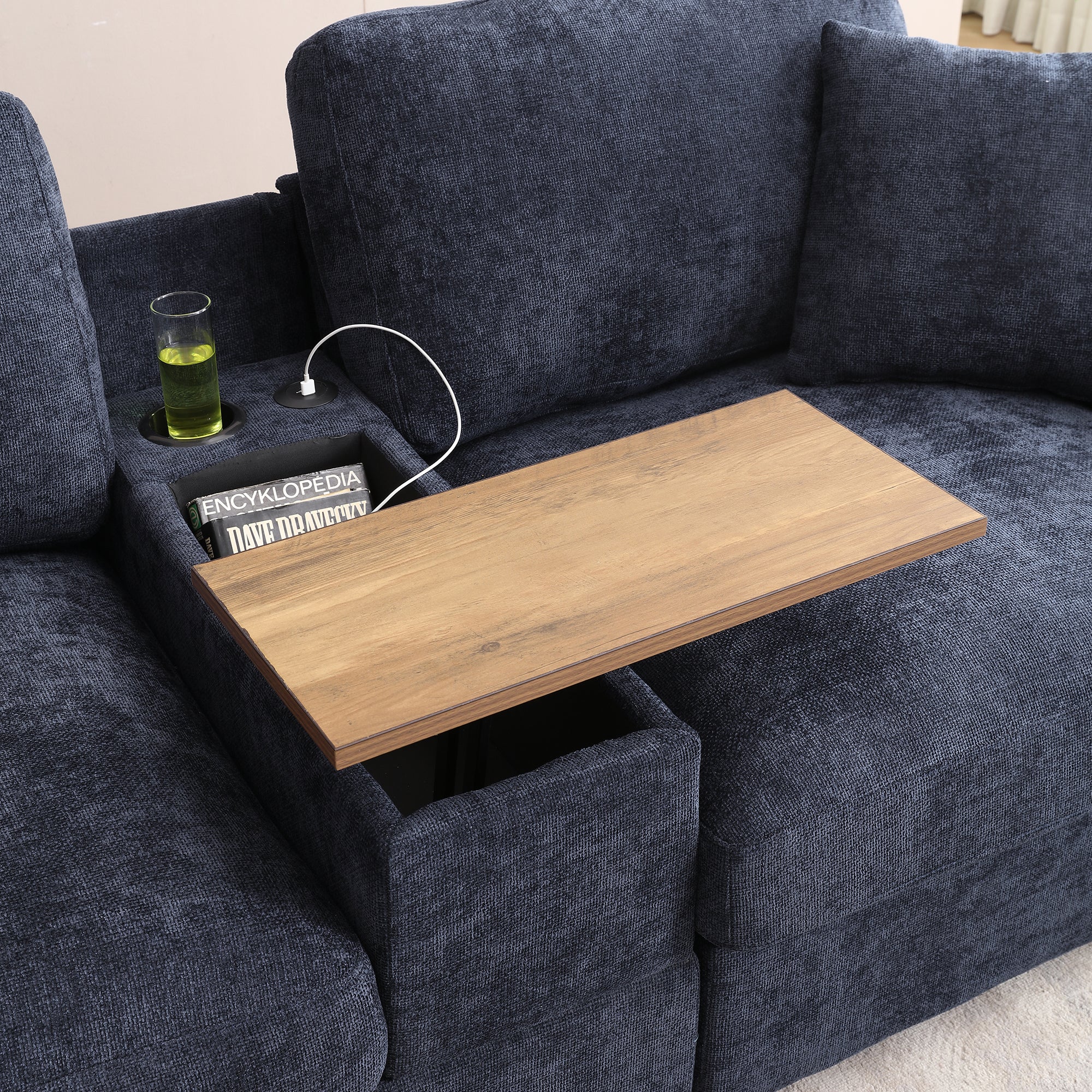120.3" L-Shaped Sectional Sofa with Storage Ottoman ¨C Oversized Cloud Couch with Drop-Down Table, 360¡ã Swivel Tray, Cup Holders, USB Ports & Wide Linen Seats for Living Room