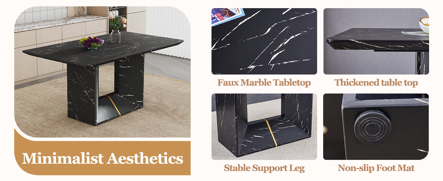 63" x 35.4" Black Marble Pattern Dining Table Set with 4 Dark Gray Linen Chairs ¨C Modern MDF Table with O-Shaped Legs, Metal Frame & Table Linens for Kitchen or Dining Room