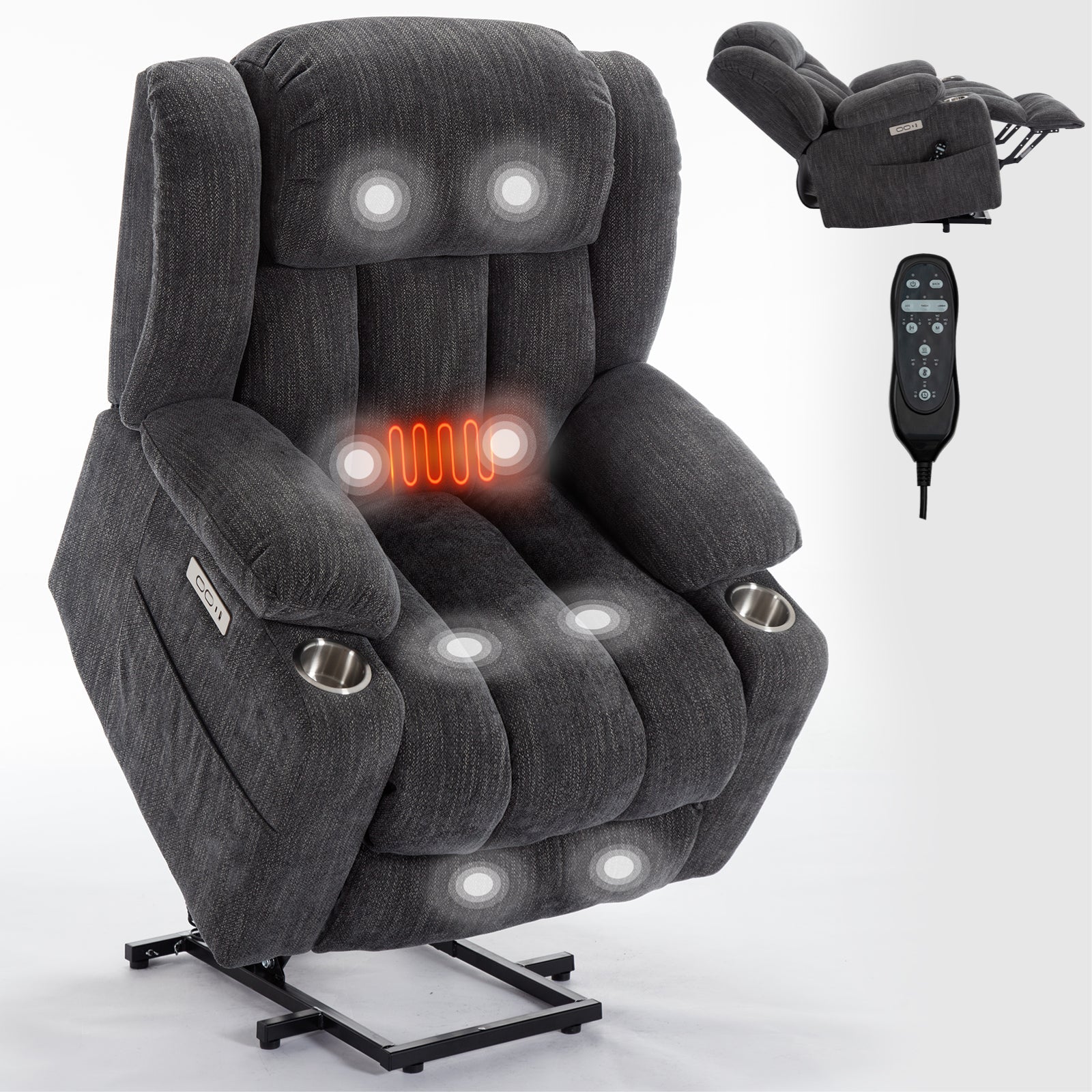 Up to 350 LBS Chenille Power Lift Massage Chair with 8 - Point Vibration, Lumbar Heating, USB & Type - C Ports, Stainless Steel Cup Holders ¨C Blue - Koorbiir