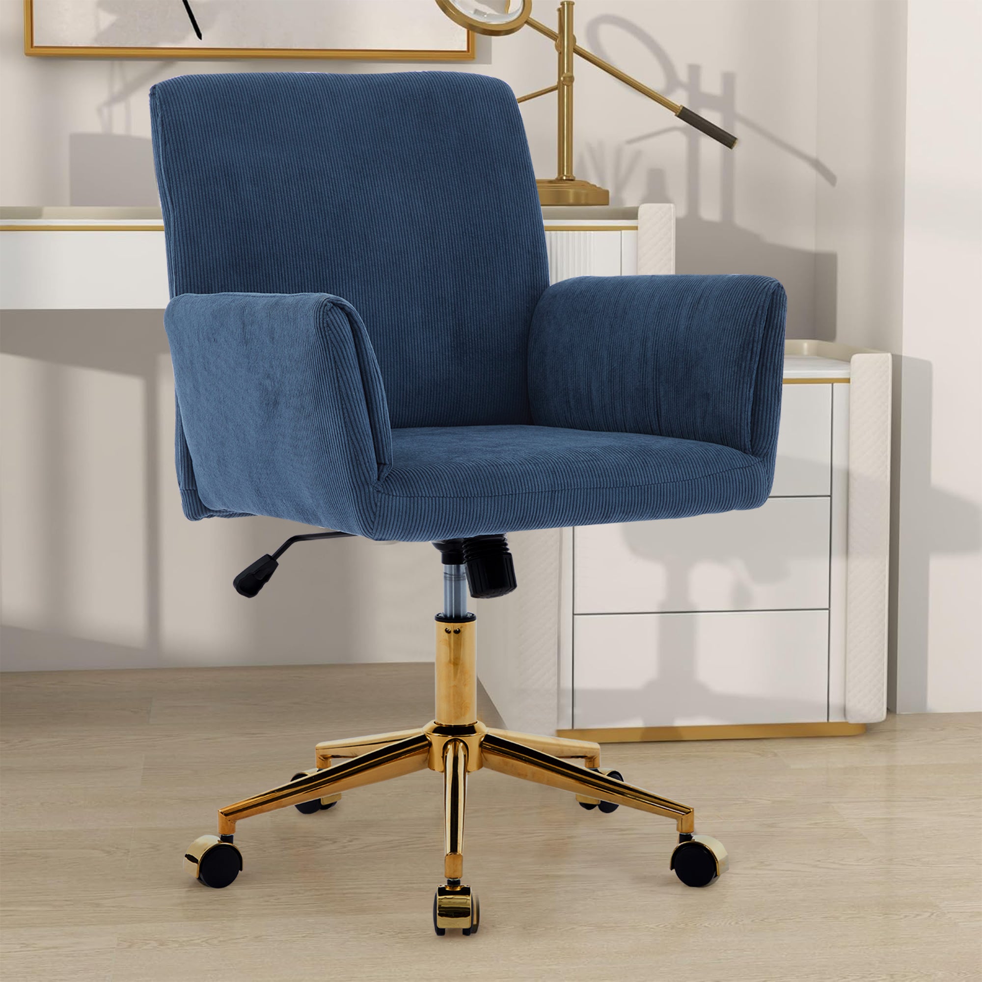 Koorbiir Corduroy home decor office desk and chair, modern height adjustable 360 ° armchair with gold base, ergonomic computer chair, leisure chair 1pc Blue