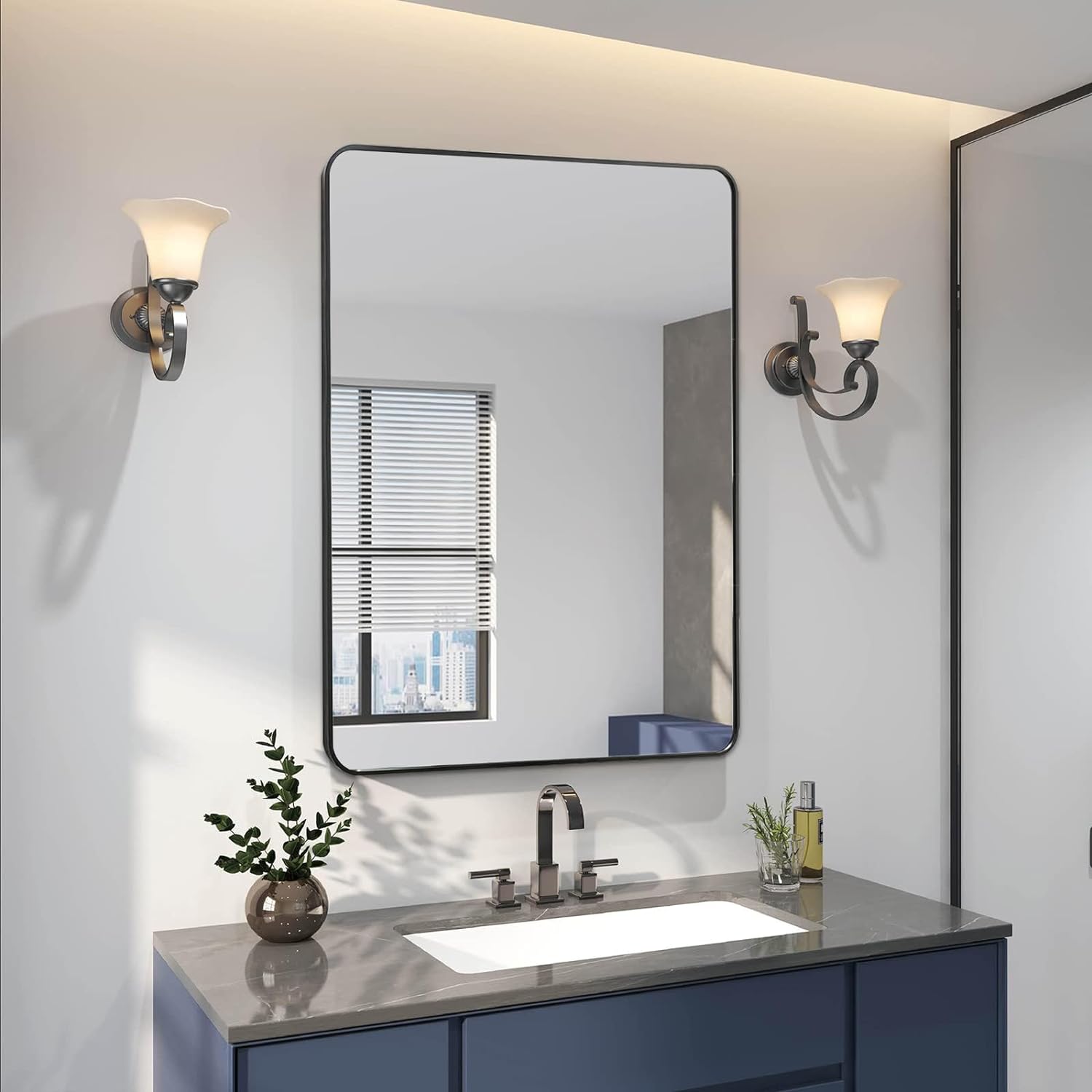 koorbiir mi3 24x36 Black Metal Framed Rectangular Bathroom Mirror, Wall-Mounted Mirror for Home Decor