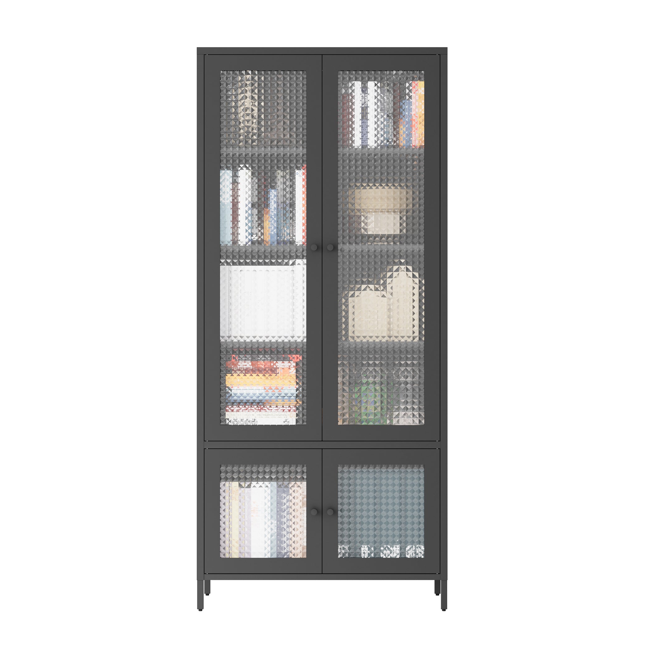 Large Metal Storage & Office Cabinet with 4 Waffle-Grid Tempered Glass Doors, 5 Adjustable Shelves ¨C Freestanding Display Bookcase for Home, Bedroom, Living Room, Pantry, Office ¨C Black